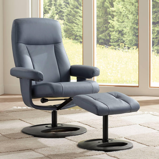 Benchmaster Bruce Bermuda Gray Faux Leather Recliner Chair Modern with Ottoman Footrest Ergonomic Manual Reclining Swivel for Bedroom Living Room Reading Home Relax Den Office Entryway