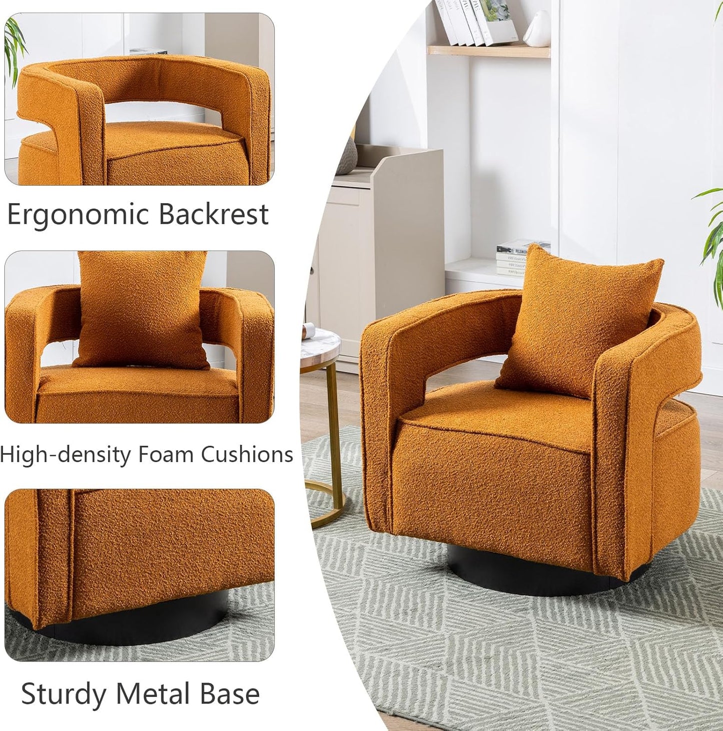 Swivel Barrel Chair Set of 2, Modern Teddy Round Accent Chairs Curved Open Back, 360 Degree Swivel Arm Chair with Pillow, Single Sofa Chair for Living Room Bedroom,Orange