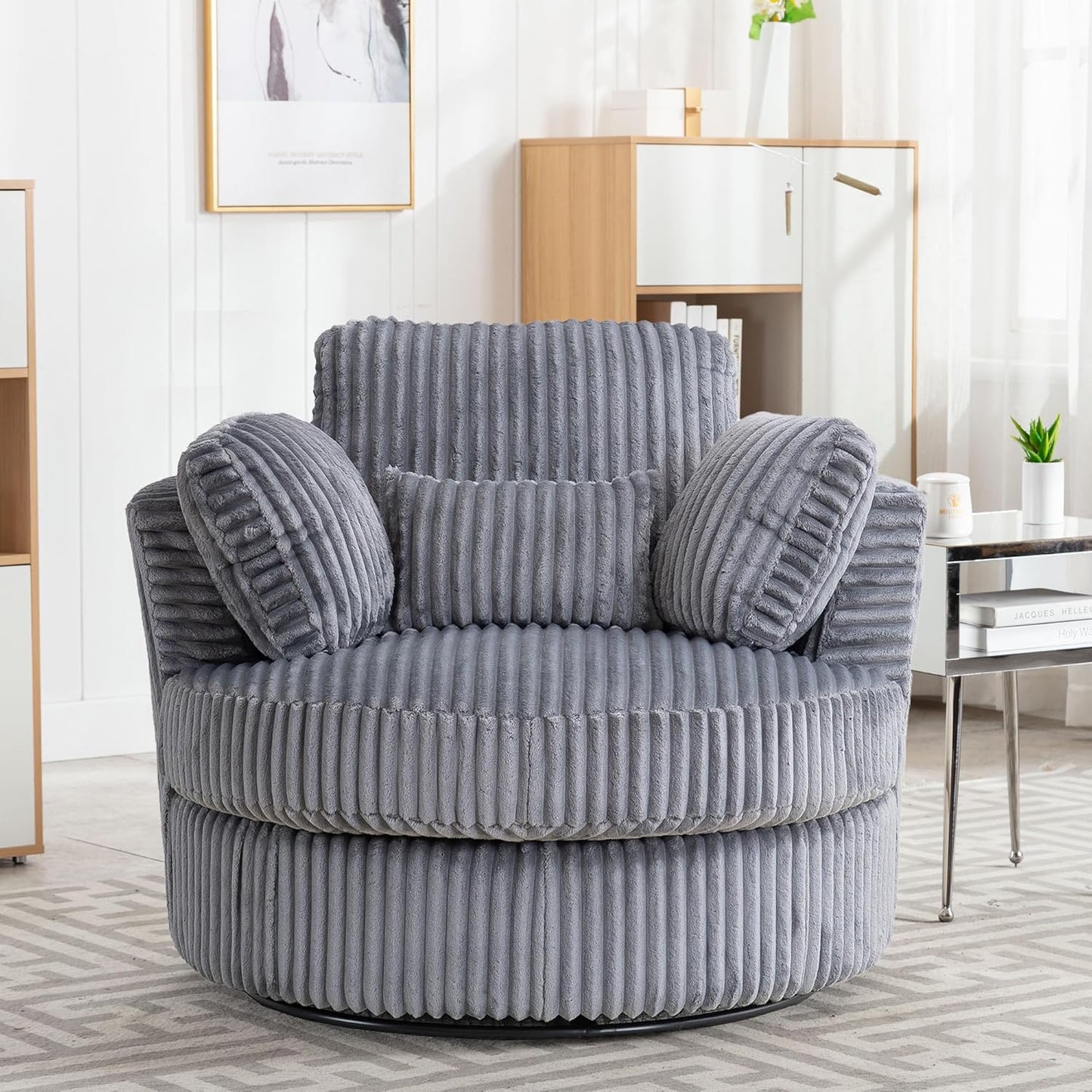 Swivel Accent Barrel Chair Oversized Modern Akili Upholstered Sofa Lounge Club Leisure Chair Round Chair for Hotel Living Room (Black)