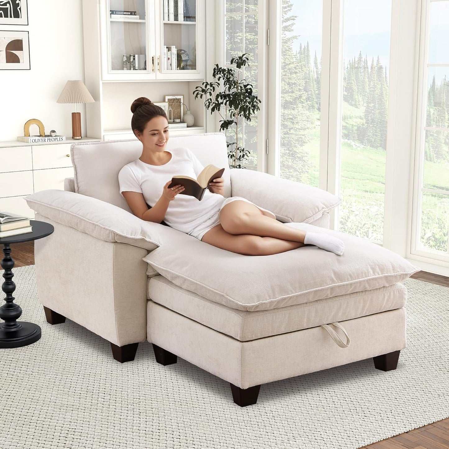 51" Oversized Chaise Lounge Chair Indoor with Storage Ottoman, Upholstered Cloud Accent Chair with Extra Wide Armrests, Comfy Beige Chenille Sleeper Chair for Living Room Bedroom Reading (Black)