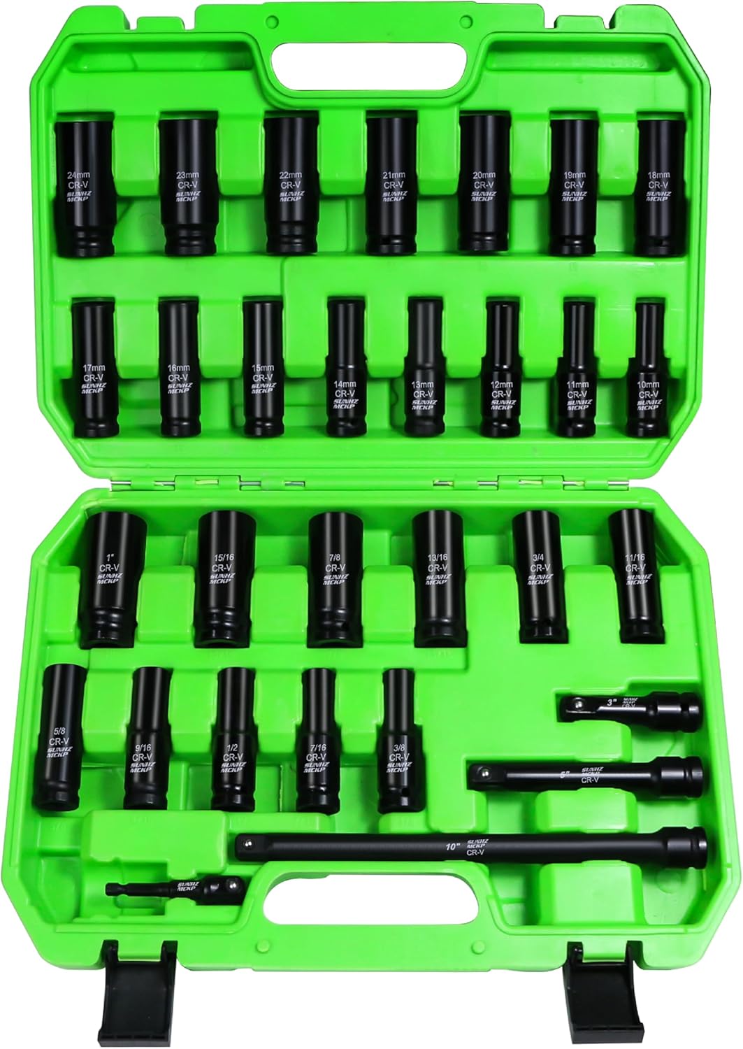 SUNHZMCKP 3/8" Drive Impact Socket Set, 52 Piece Standard SAE (5/16-3/4 inch) and Metric (8-22mm) Shallow & Deep Sockets, Adjustable Ratchet Handle, Extension Bars, Adapters, Universal Joint, CR-V
