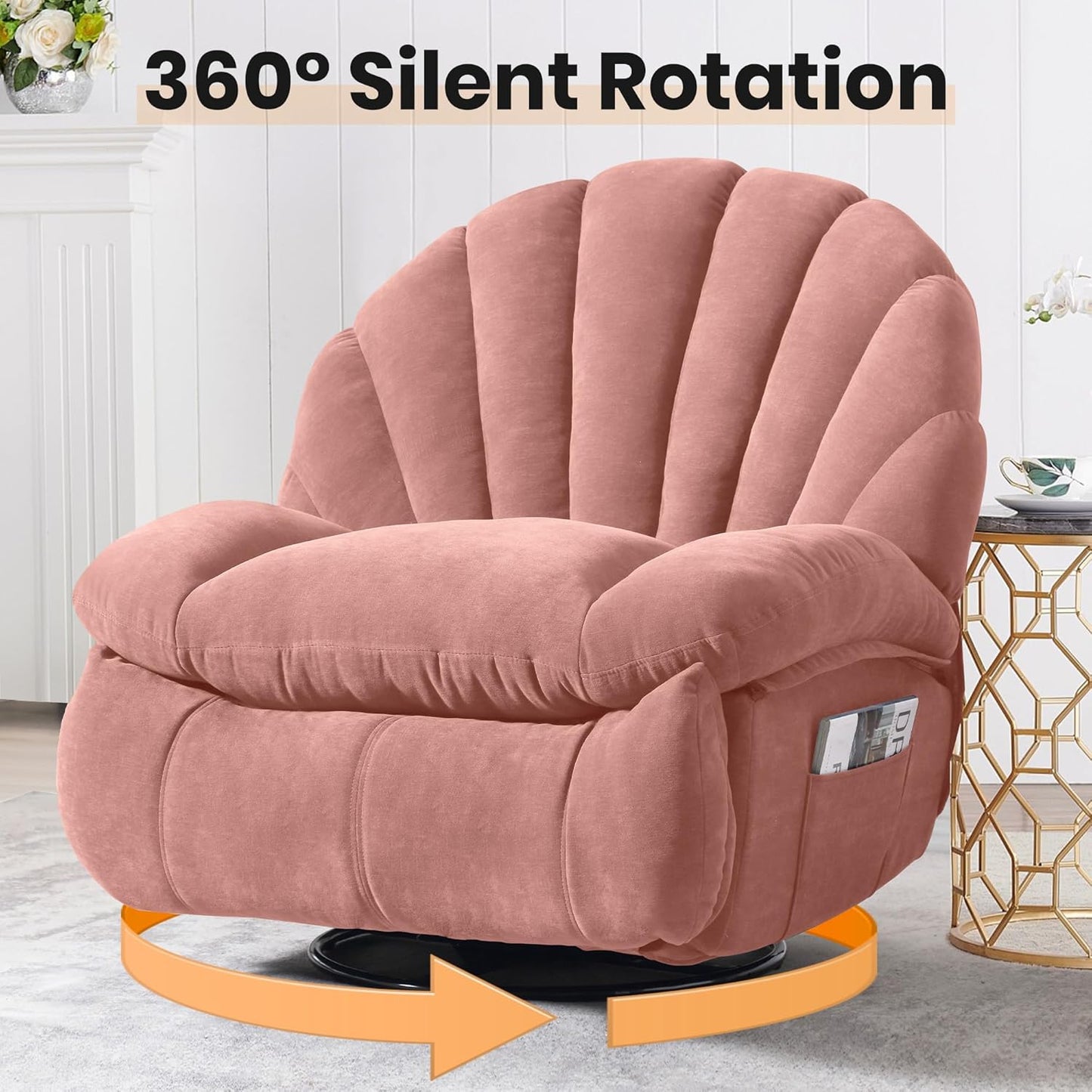 Swivel Rocker Recliner Chair for Living Room – 360° Silent Rotation, Adjustable Backrest 110°-150°, Soft Fabric, Shell Backrest, Large Side Pockets, 330lbs Capacity (Regular Model, Pink)
