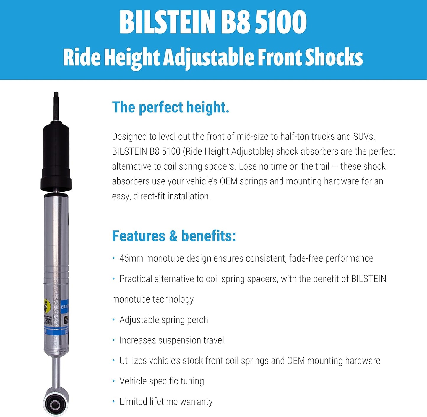 Bilstein 5100 Series Set of Front & Rear Monotube Shocks fits 2005-2015 Tacoma 4WD with 0-1" Rear Lift | Provides 0-2.5" Front Lift | Includes TrendsAuto Decal