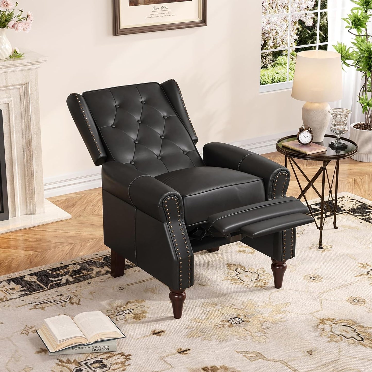 Small Recliner Chair, Modern Faux Leather Living Room Chairs with Tufted Buttons and Metal Rivets, Wingback Recliner with Wooden Legs, Comfy Pushback Arm Chair for Living Room, Bedroom, Matt Brown