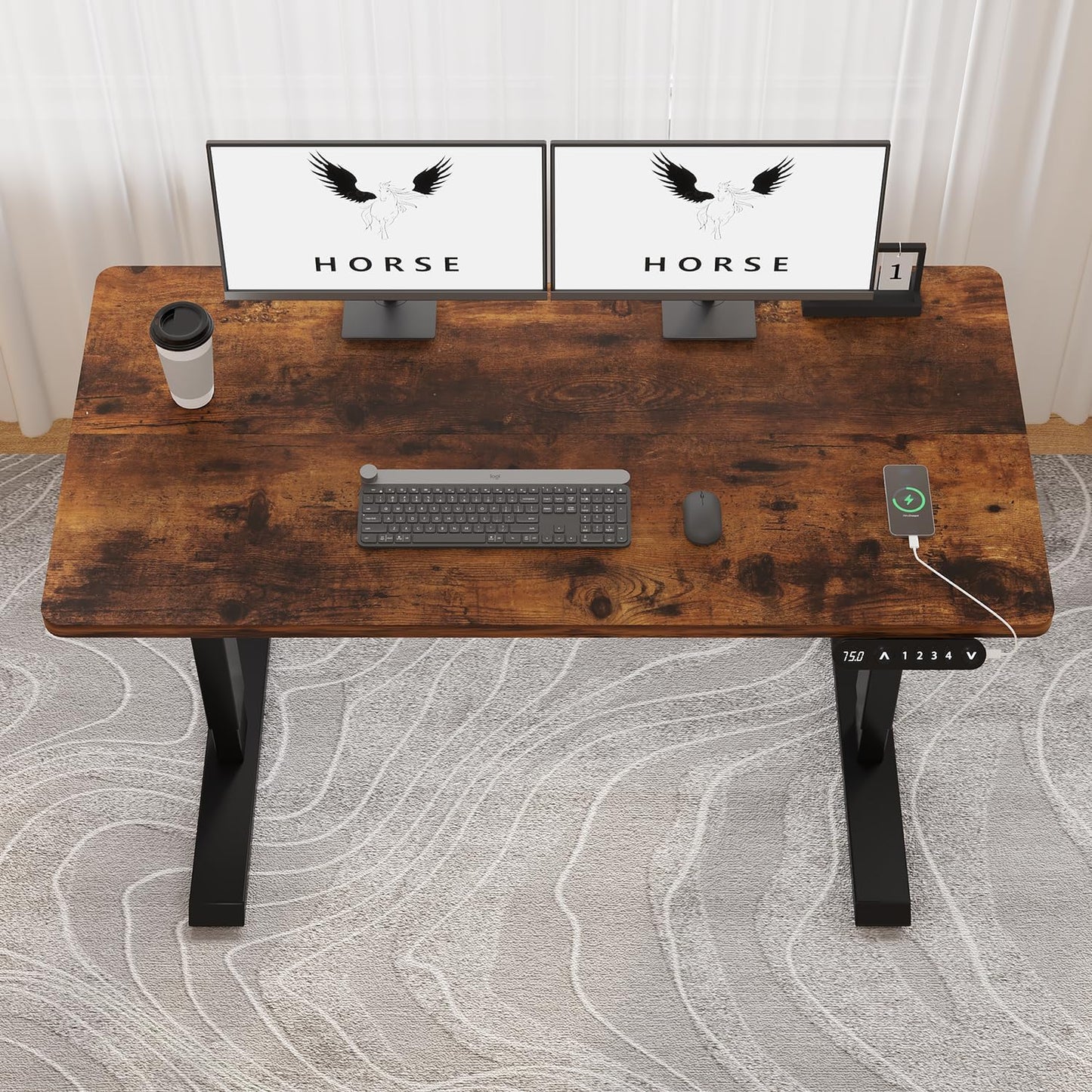 48 X 24 inch Electric Height Adjustable Standing Desk, Computer Table for Home Office Desk with Black Frame & Rustic Brown Top