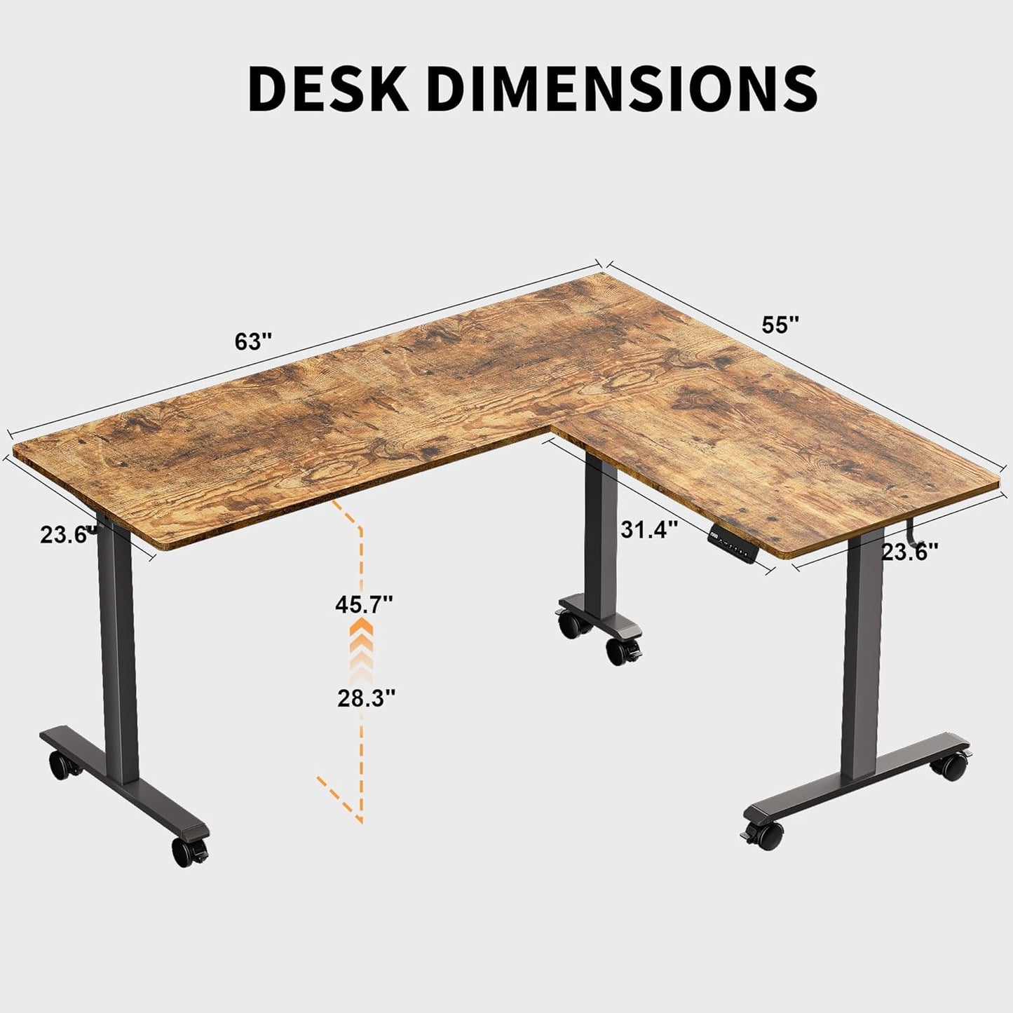 TIQLAB 63 x 55 inch L Shaped Standing Desk Adjustable Height, Electric Corner Standing Desk, Sit Stand Computer Table with Splice Board, Rustic Brown