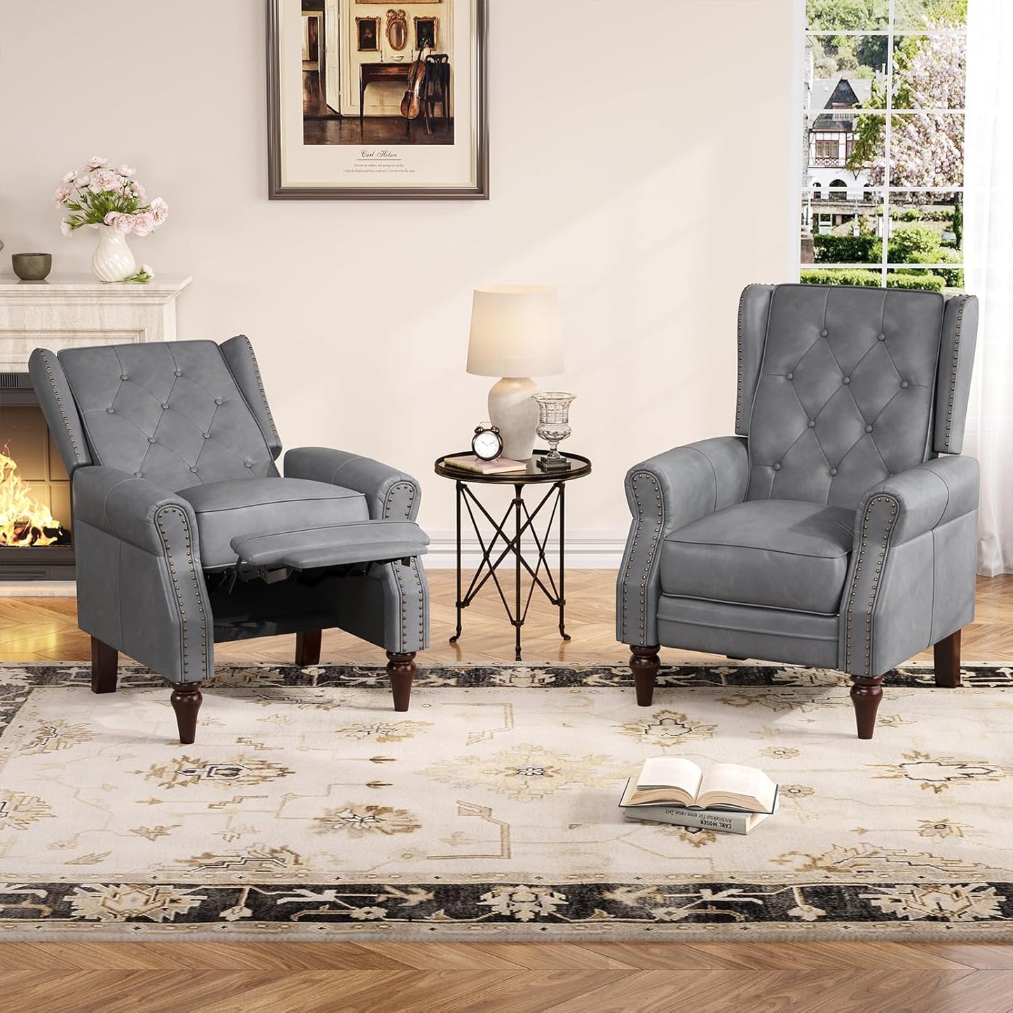 Small Recliner Chair, Modern Faux Leather Living Room Chairs with Tufted Buttons and Metal Rivets, Wingback Recliner with Wooden Legs, Comfy Pushback Arm Chair for Living Room, Bedroom, Matt Brown