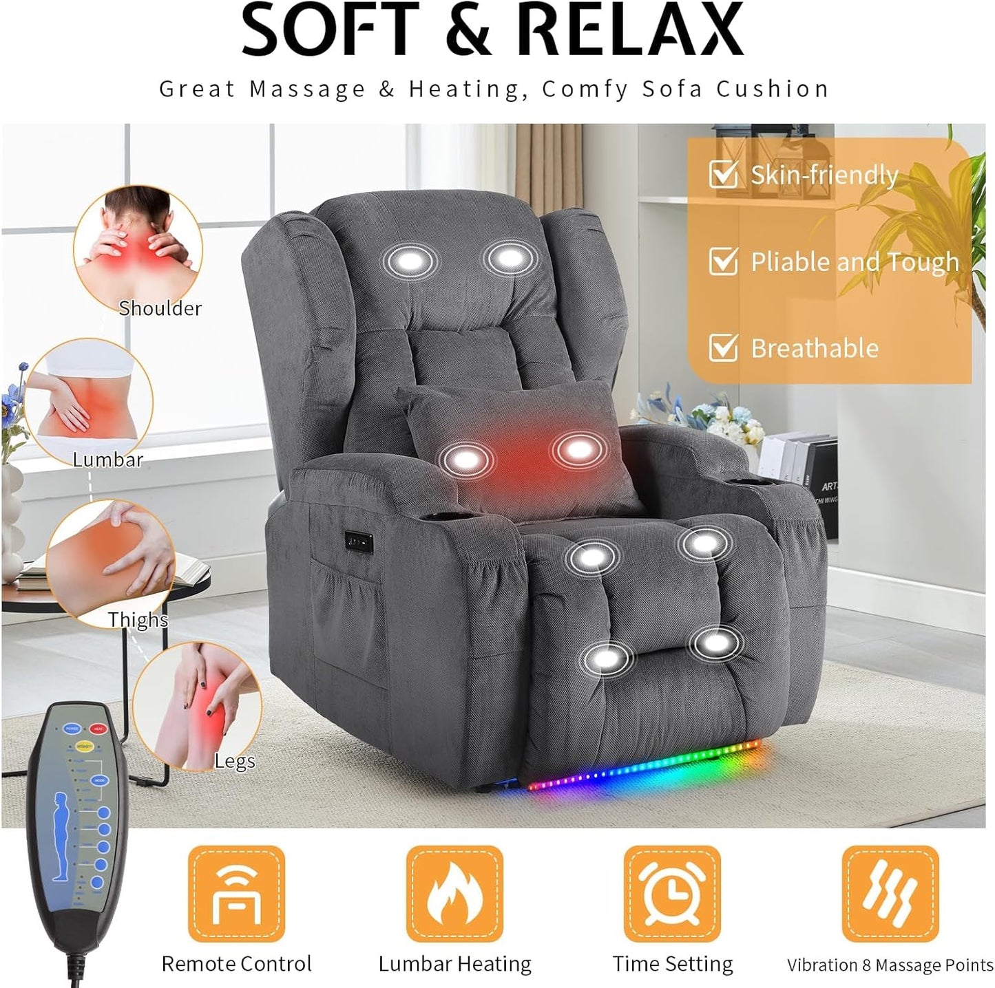 BINGTOO Electric Power Recliner Chair with Massage & Heat - Ergonomic Wingback Lounge Sofa Chair for Living Room, Home Theater Seating & RV with LED Light/Cup Holders/USB Ports, Grey