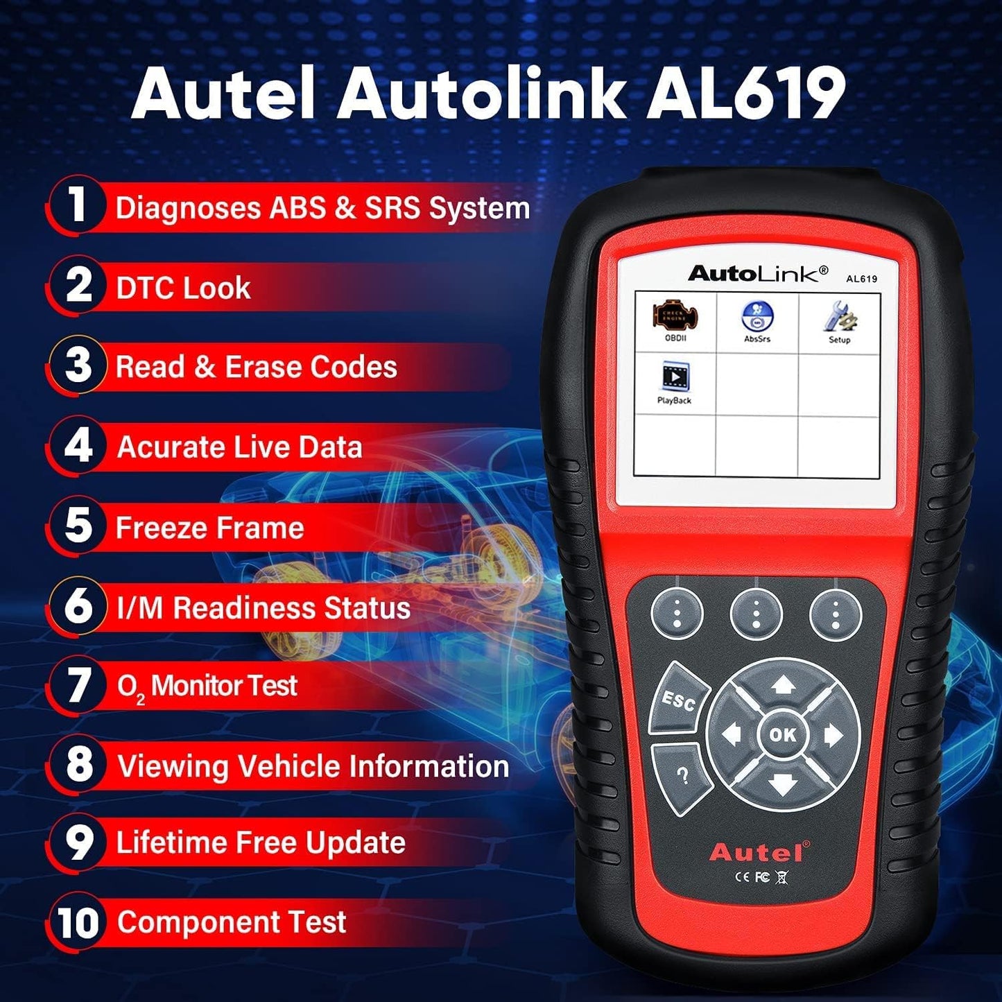 Autel AutoLink AL619 OBD2 Scanner | 2025 ABS/SRS/CAN Diagnostic Tool | Read/Erase Codes, Check Engine Light, OBDII Live Data & DTC Library | Upgrade for AL519, ML519, ML619 (Vehicle-Specific)