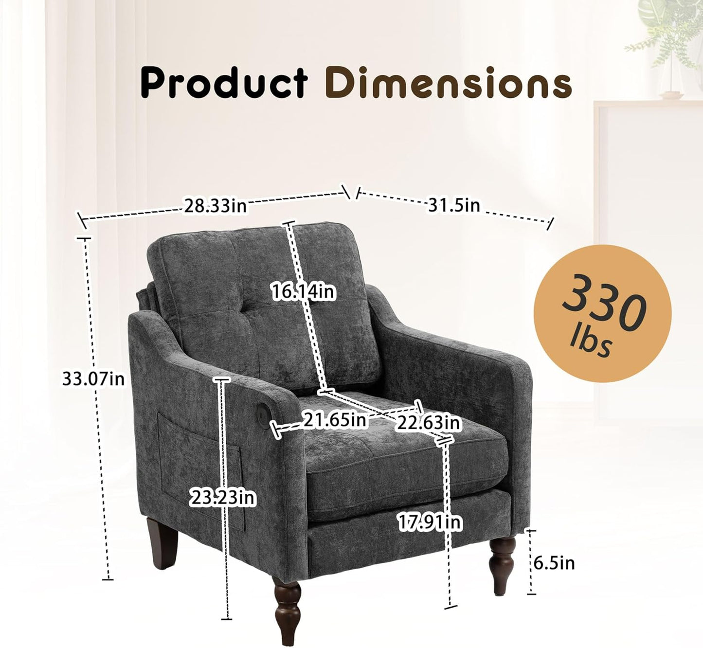 Ball & Cast Mid-Century Accent Chair for Living Room,Reading Chair for Bedroom with USB Ports&Side Pocket,Modern Accent Arm Chair W/Wide Backrest&Retro Wood Legs,Chenille Upholstered Comfy Chair,Gray