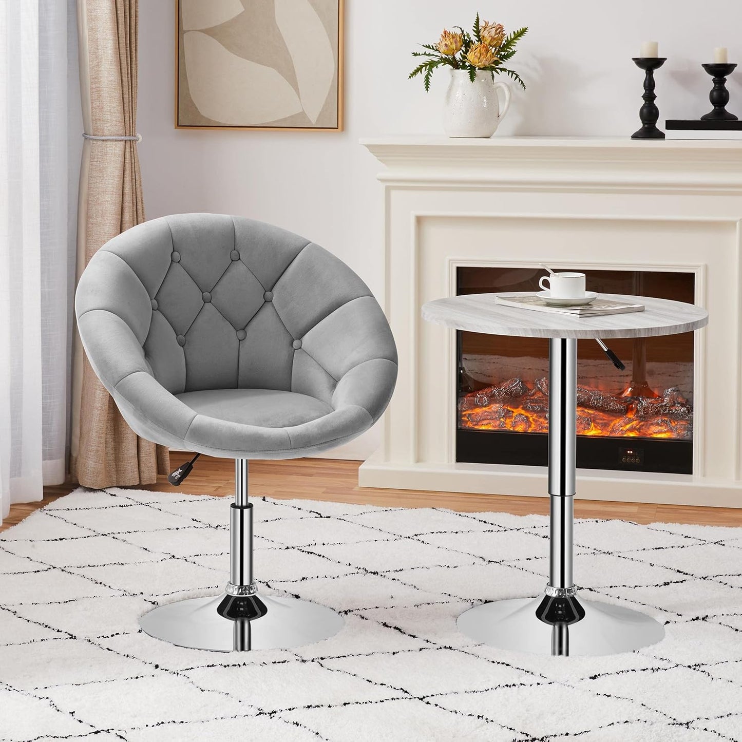 Adjustable Armchair Cozy Velvet Vanity Chair with 360 Degree Swive Large Base Barstool Living Room Tub Chair Accent Chair for Dressing Room Bedroom Lounge, Grey