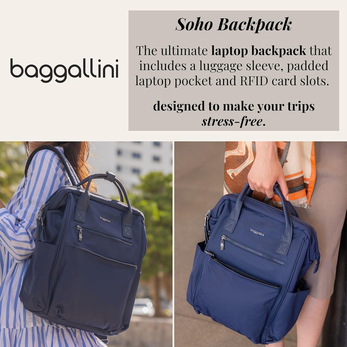 Baggallini Soho Backpack - Travel Laptop Backpack for Women - Lightweight Water-Resistant Luggage Bag, French Navy