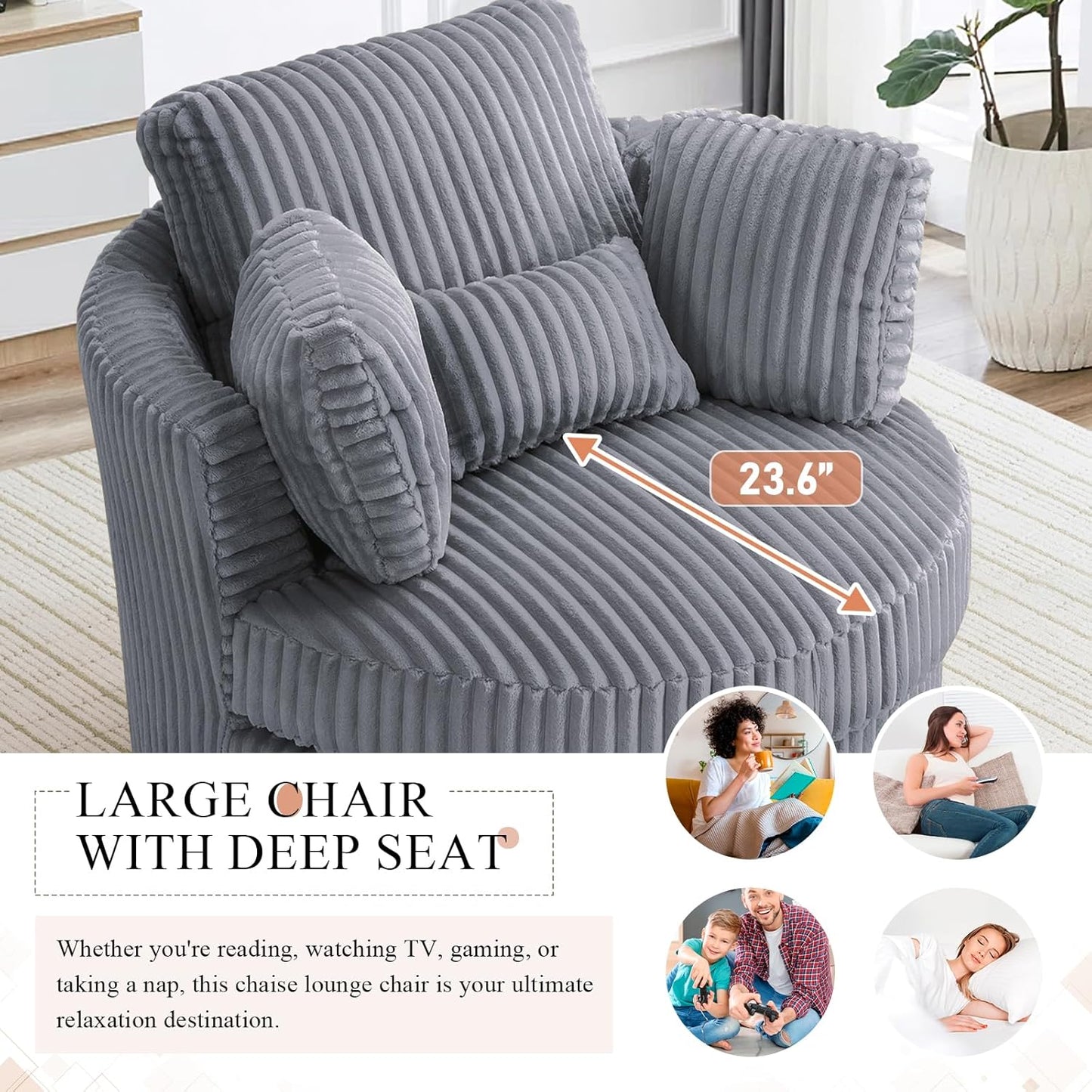 40" W Modern Grey Swivel Barrel Chair with 360° Round Metal Base & Plush Corduroy Pillows & Thick Cushion, Comfy Large Accent Chaise Longue for Living Room, Bedroom Club Reading Armchair (Gray)