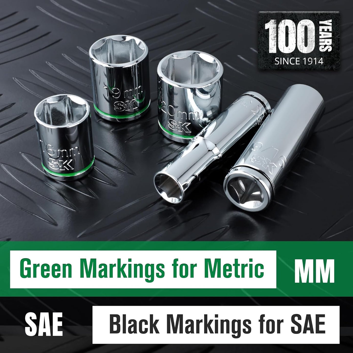 SK 3/8" Drive Socket Set, Deep SAE Sockets, 13-Piece 1/4" to 1", SuperKrome Finish, Premium CR-V Construction, with Aluminum Socket Organizer