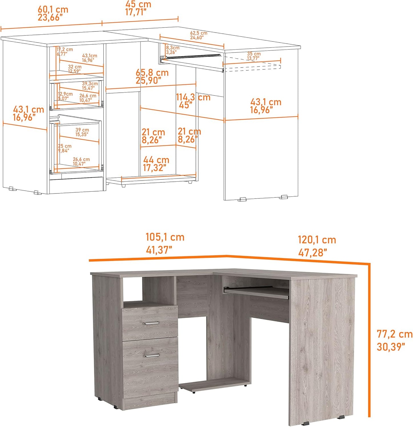 Bellemave L Shaped Desk, Computer Desk with Drawers, Keyboard Tray and Monitor Stand, Home Office Desks with Storage, Study Desk Writing Table, Corner Gaming Desk, Gray