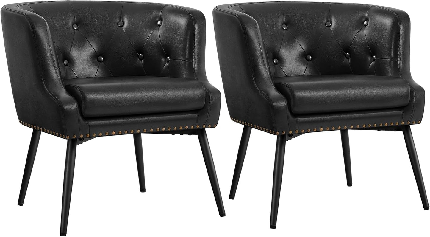 Topeakmart Mid-Century Modern Faux Leather Barrel Chair, Button Tufted Accent Armchair with Metal Leg, Recessed Armrest and Loose Seat Cushion for Living Room Bedroom, Black, 2pcs