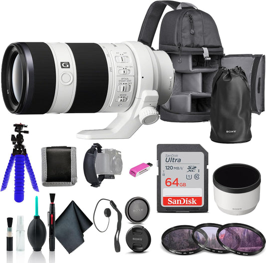 Sony FE 70-200mm f/4 G OSS Lens SEL70200G, Filter Kit, Backpack, 64GB Card, Card Reader, Flex Tripod, Memory Card Wallet, Cap Keeper, Cleaning Kit, Hand Strap, and More
