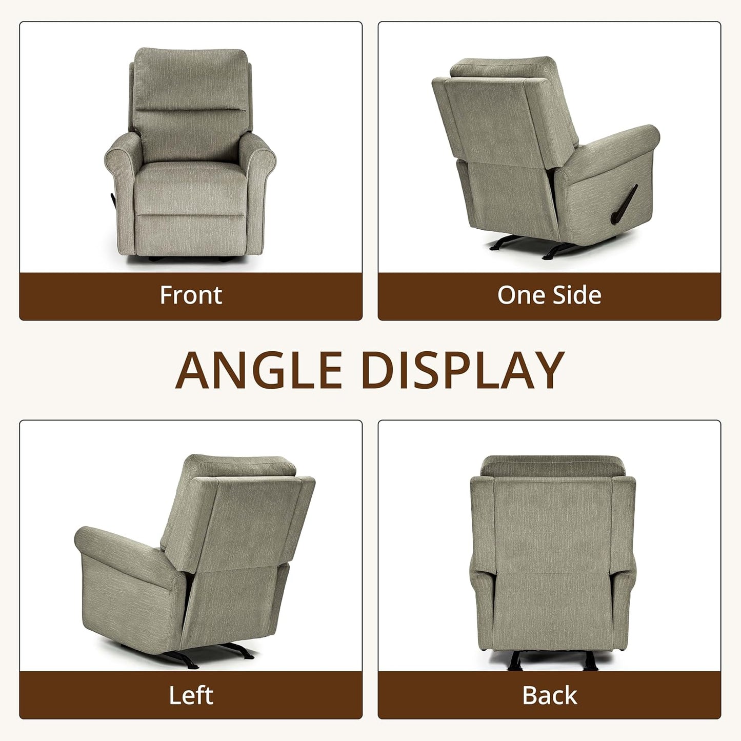 Swivel Rocker Recliner Chair, Manual Rocking Chair with Spring Cushion for Adults, Nursery Recliner with Overstuffed Backrest and Armrests for Living Room, Grey