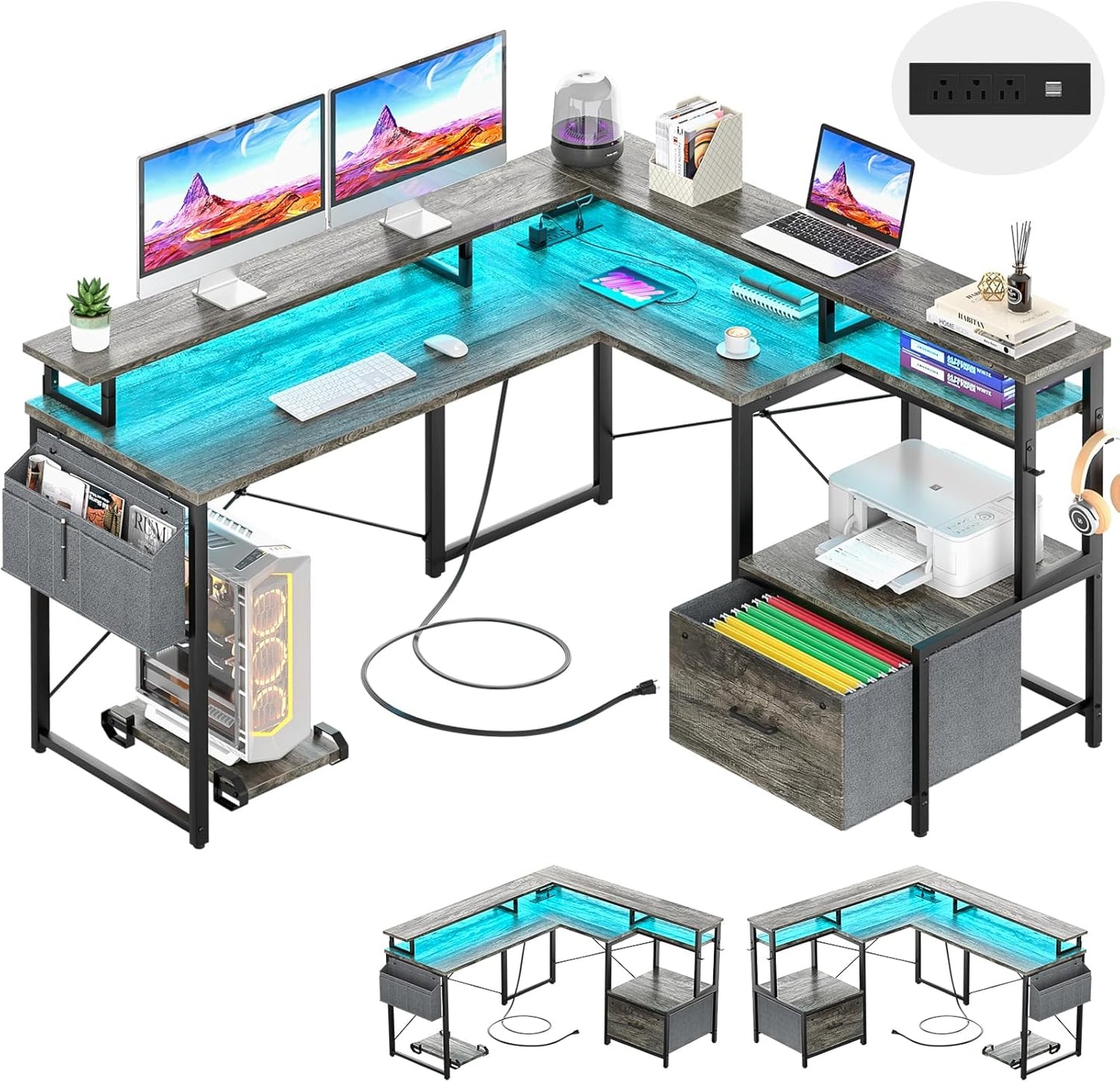 Unikito L Shaped Desk with File Drawer, Reversible L Shaped Computer Desk with Power Outlet & LED Lights, Home Office Desk Corner Desk with Monitor Shelf and Printer Cabinet, Gaming Desk, Black
