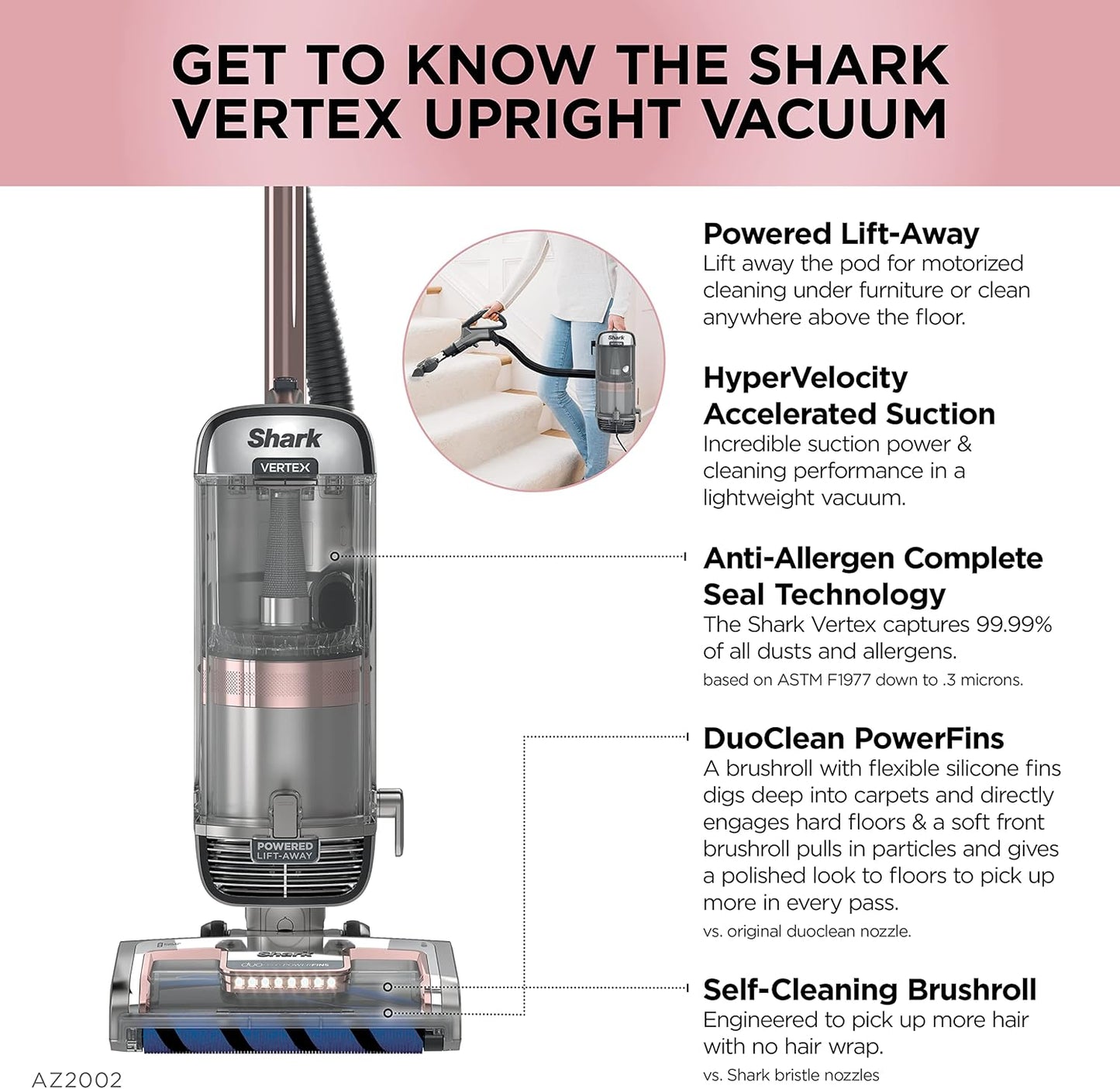 Shark AZ2002 Vertex Powered Lift-Away Upright Vacuum with DuoClean PowerFins, Self-Cleaning Brushroll, Large Dust Cup, Pet Crevice Tool, Dusting Brush & Power Brush, Silver/Rose Gold