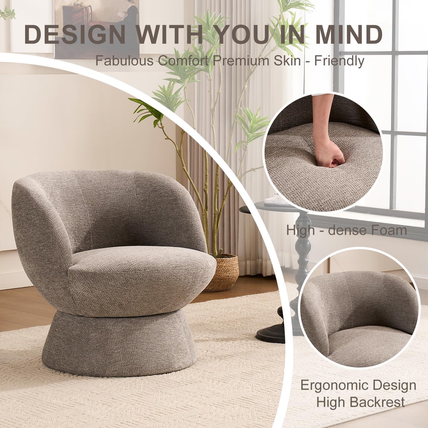 360° Swivel Boucle Bucket Chair, Accent Barrel Makeup Vanity Chair Modern Lounge Single Sofa with Padded Armrest for Dining Room, Living Room, Bedroom and Home Office (Set of 2 Gray)