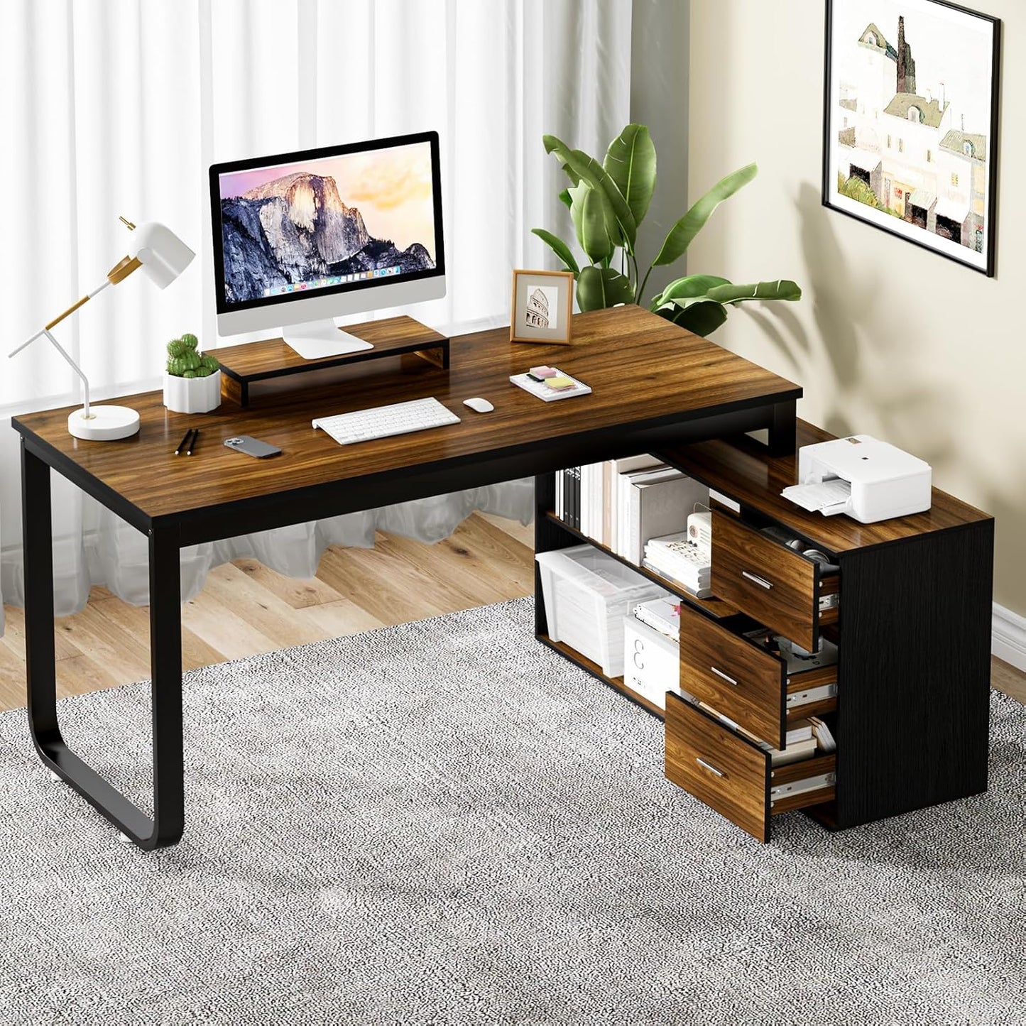 55 Inch Reversible L Shaped Computer Desk with 3 Drawers, Corner Desk with Storage Shelves and Removable Monitor Stand, White and Walnut