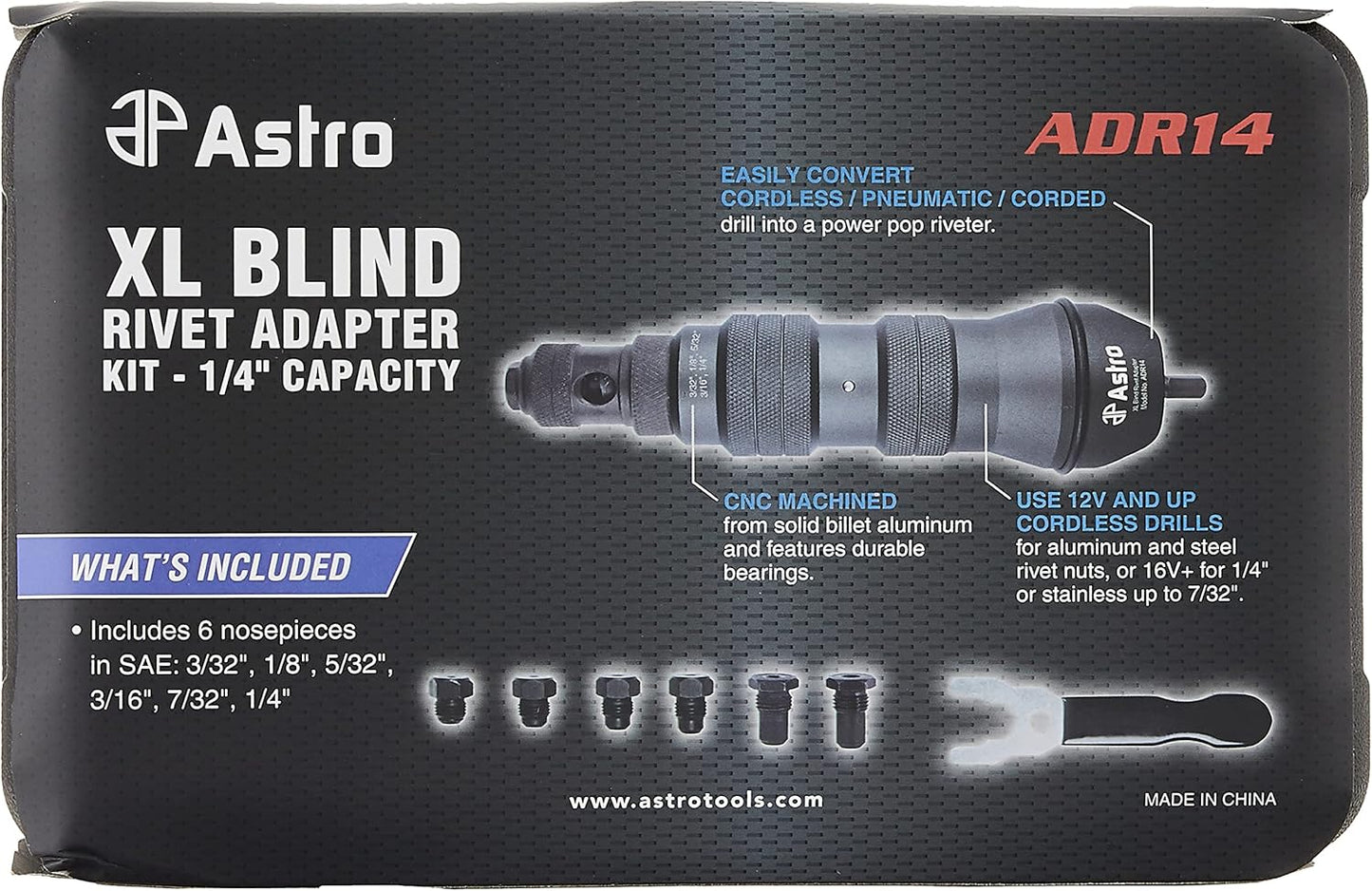 Astro Pneumatic Tool ADR14 XL Blind Rivet Adapter Kit - 1/4" Capacity