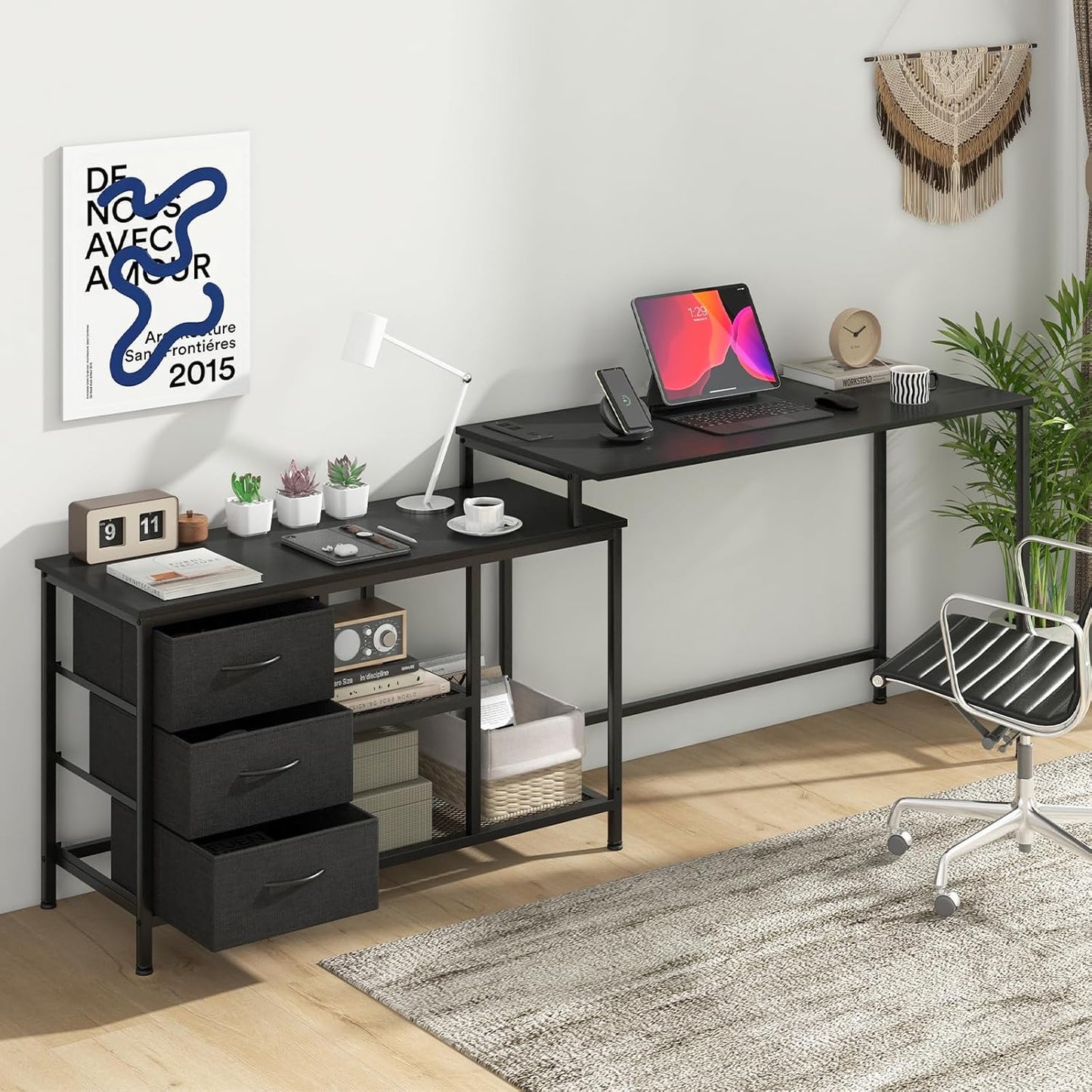 Tangkula 81 Inch L-Shaped Desk with Power Outlet, Convertible Corner Desk with Drawers & Shelves, Office Desk for Working, Studying, Gaming (Black)