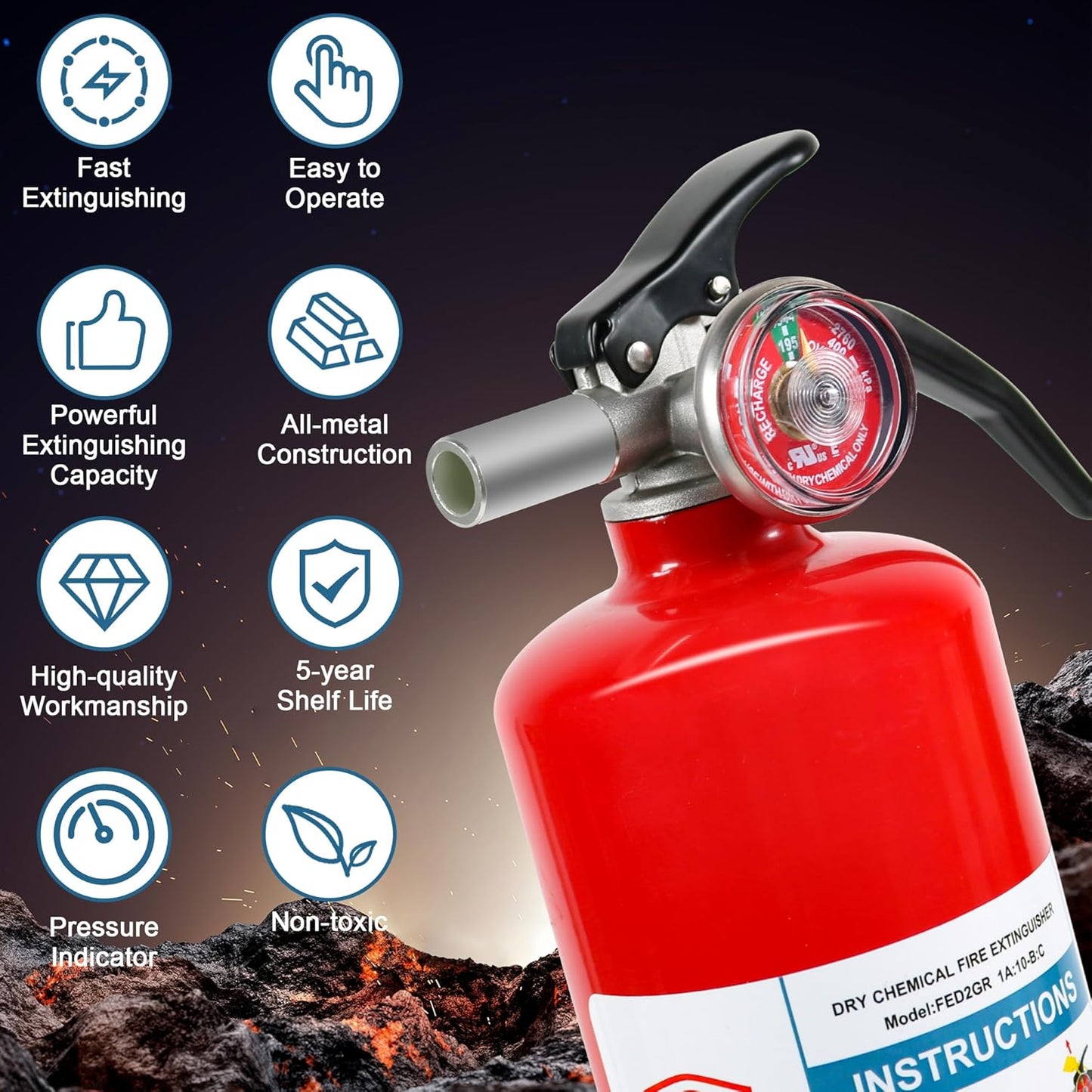 2 Pack ABC Dry Chemical Fire Extinguishers, 2.5 lb 1A:10B:C Rating for Home, Car, Boat, Quick Release Handle, Compact & Portable Dry Powder extinguisher