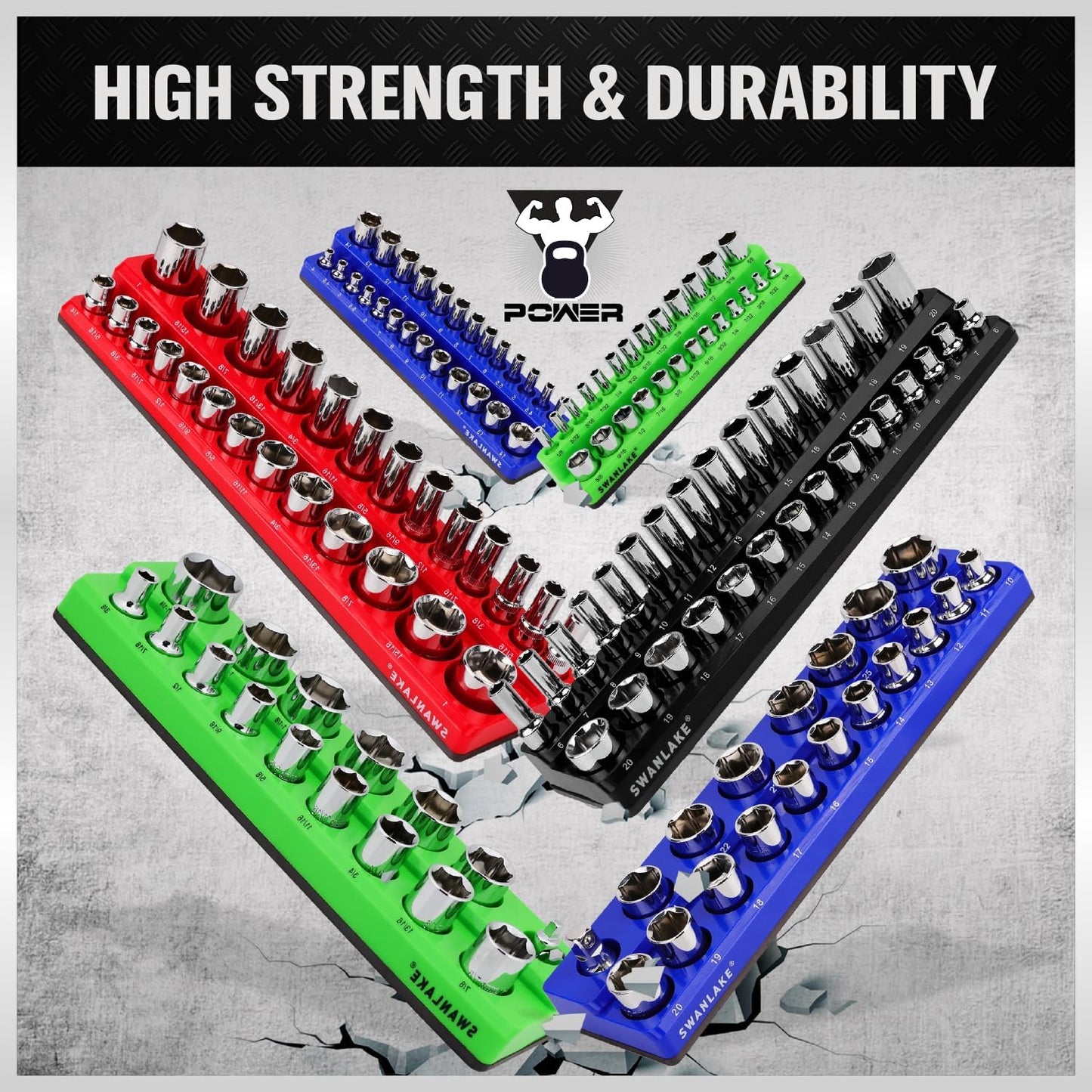 SWANLAKE Magnetic Socket Organizer Set, 1/4", 3/8", 1/2" Sockets Holds 286 Pieces Magnetic Socket Trays (Blue&red&black&green, 12 Pcs)