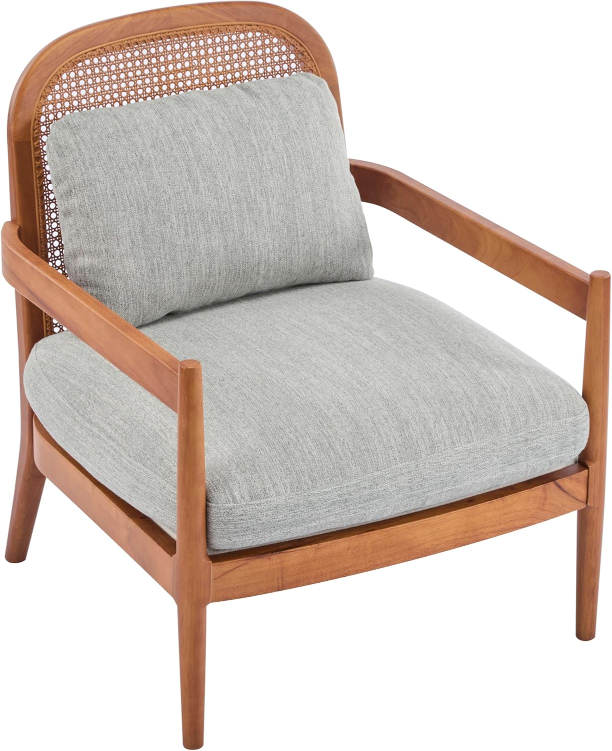 Accent Chairs Set of 2, Mid-Century Modern Accent Chair with Solid Wood Frame and Rattan Backrest, Comfy Armchairs for Living Room, Bedroom, Balcony (Grayish Green+Walnut)