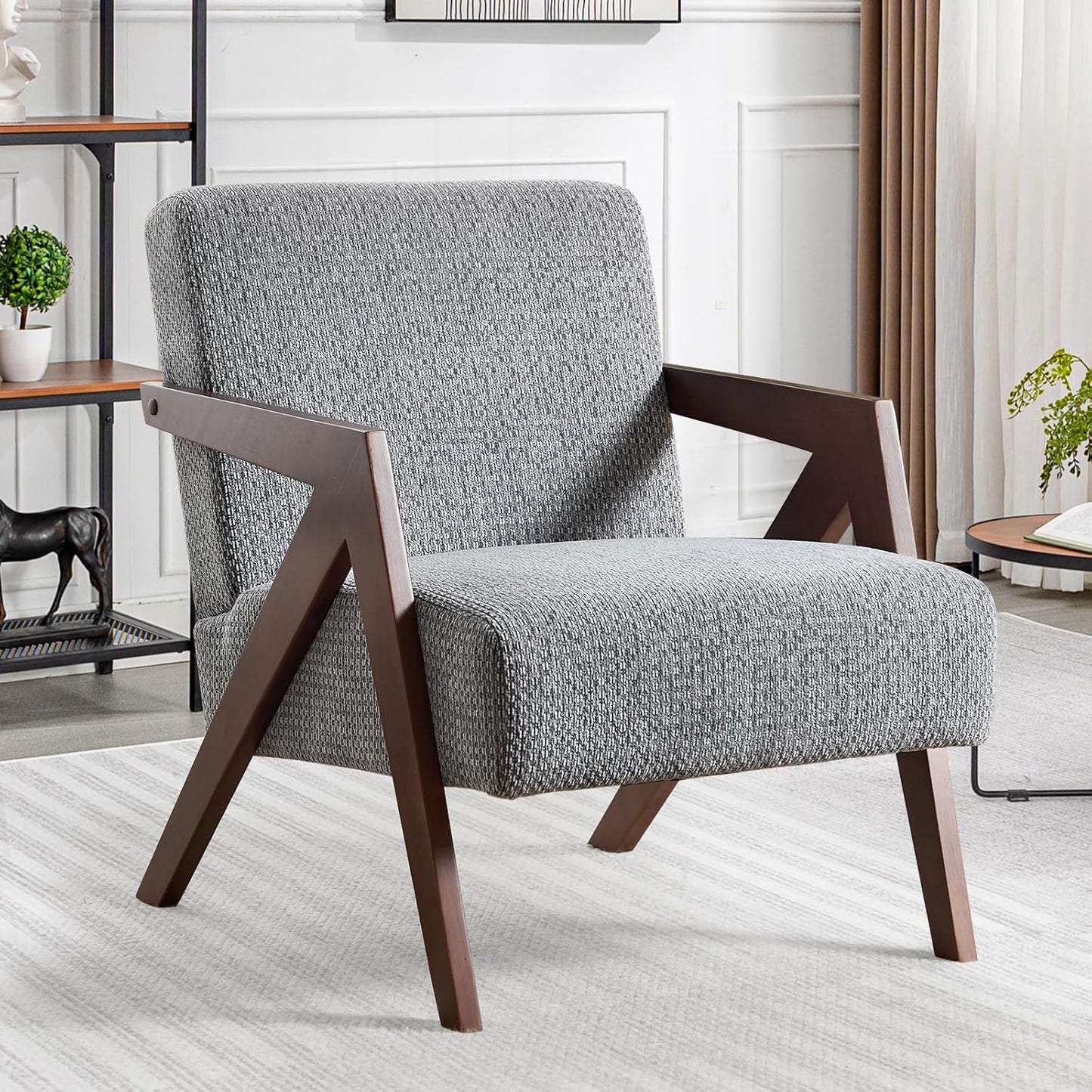 Bonzy Home Mid-Century Modern Accent Chair Set of 2 with Solid Wood Frame, Upholstered Armchair for Bedroom & Living Room,Reading Side Chair with Soft Lien Fabric Cushion,Easy Assembly,Beige