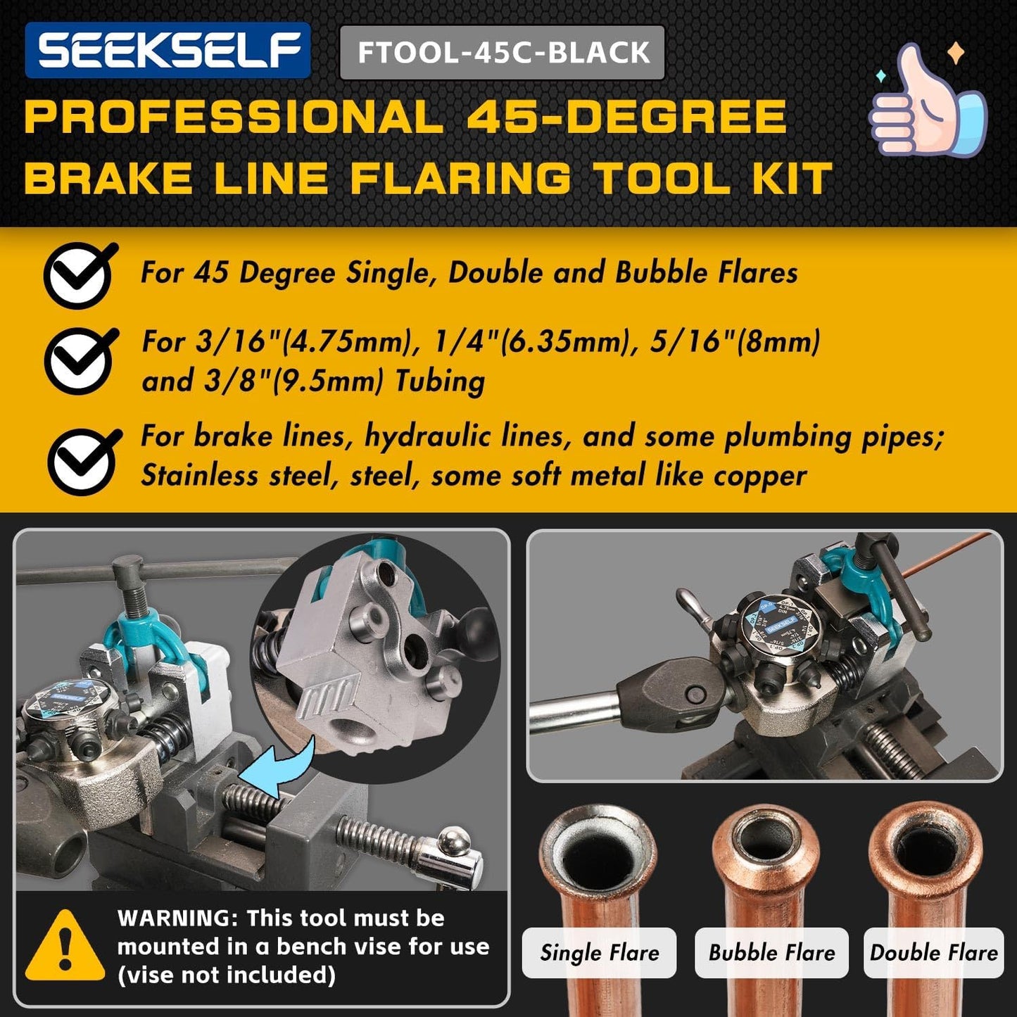 Brake Line Flaring Tool Kit for 45 Degree Single, Double and Bubble Flares, 3/16", 1/4", 5/16", 3/8" and 4.75mm Steel Copper Metal Tubing, with Tubing Cutter, Black