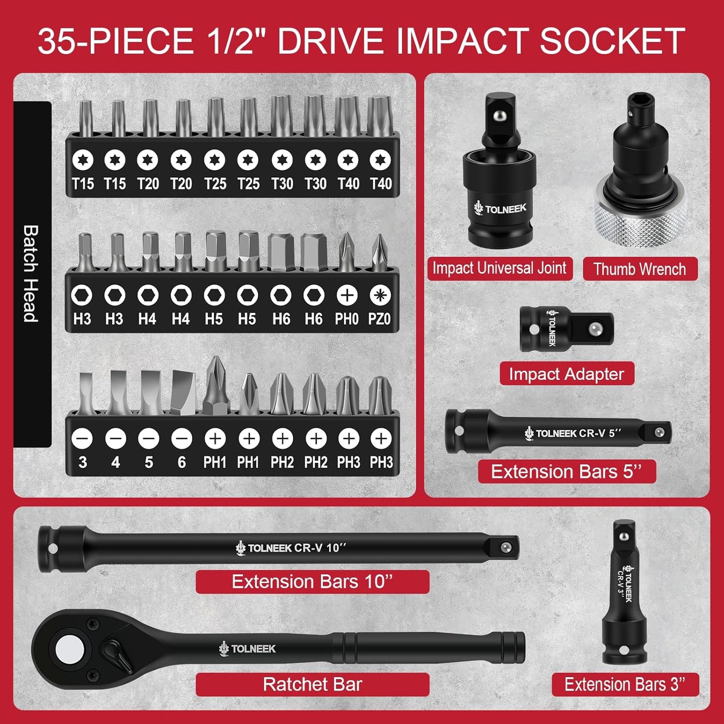 63-Piece 1/2" Drive Impact Socket Set, SAE (3/8 to 1 inch) and Metric (10-24mm) Socket Wrench Set with Extension Bars, Palm Ratchet Kit, CR-V Steel for Auto/Industrial Repairs