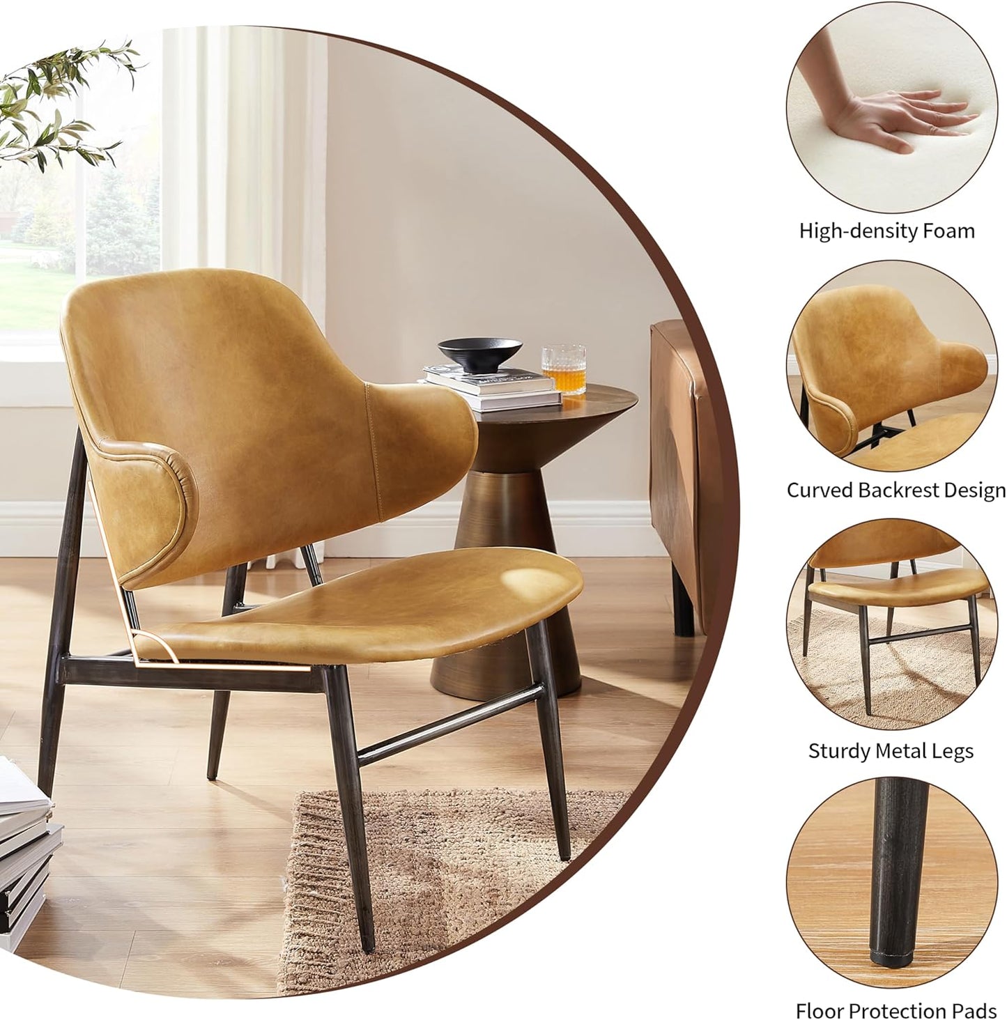 Art Leon Genuine Leather Accent Chair, Mid Century Modern Side Chair with Black Metal Frame, Upholstered Arm Chair for Living Room Bedroom, Light Brown
