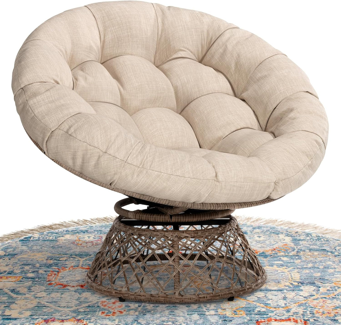 Bme 40" Ergonomic Wicker Papasan Chair with Soft Thick Density Fabric Cushion, High Capacity Steel Frame, 360 Degree Swivel for Living, Bedroom, Reading Room, Lounge, Silver Cloud - Black Base