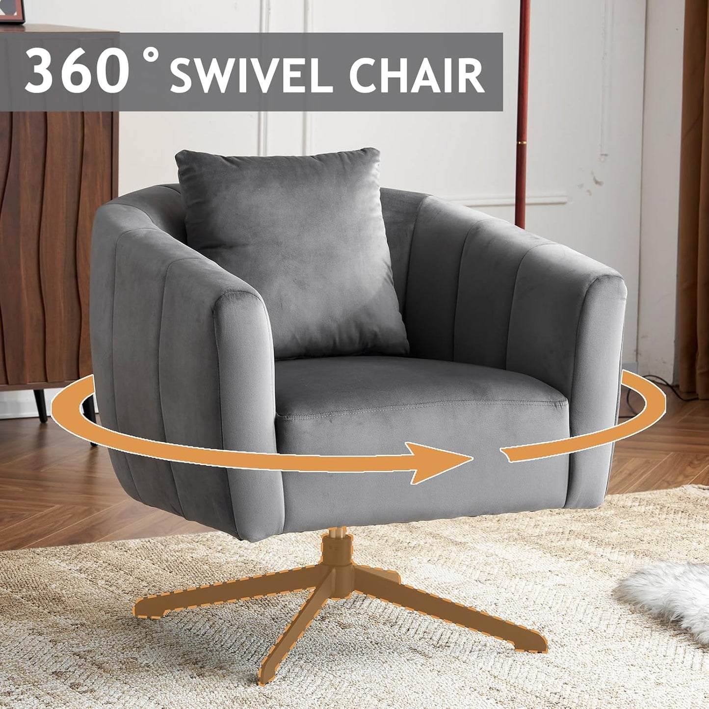 360°Swivel Accent Chair Set of 2, Modern Velvet Fabric Living Room Armchair,Reading Chair with Comfy Upholstered Fluffy Cushions & Metal Legs, Barrel Chairs for Bedroom/Lounge/Office,Grey
