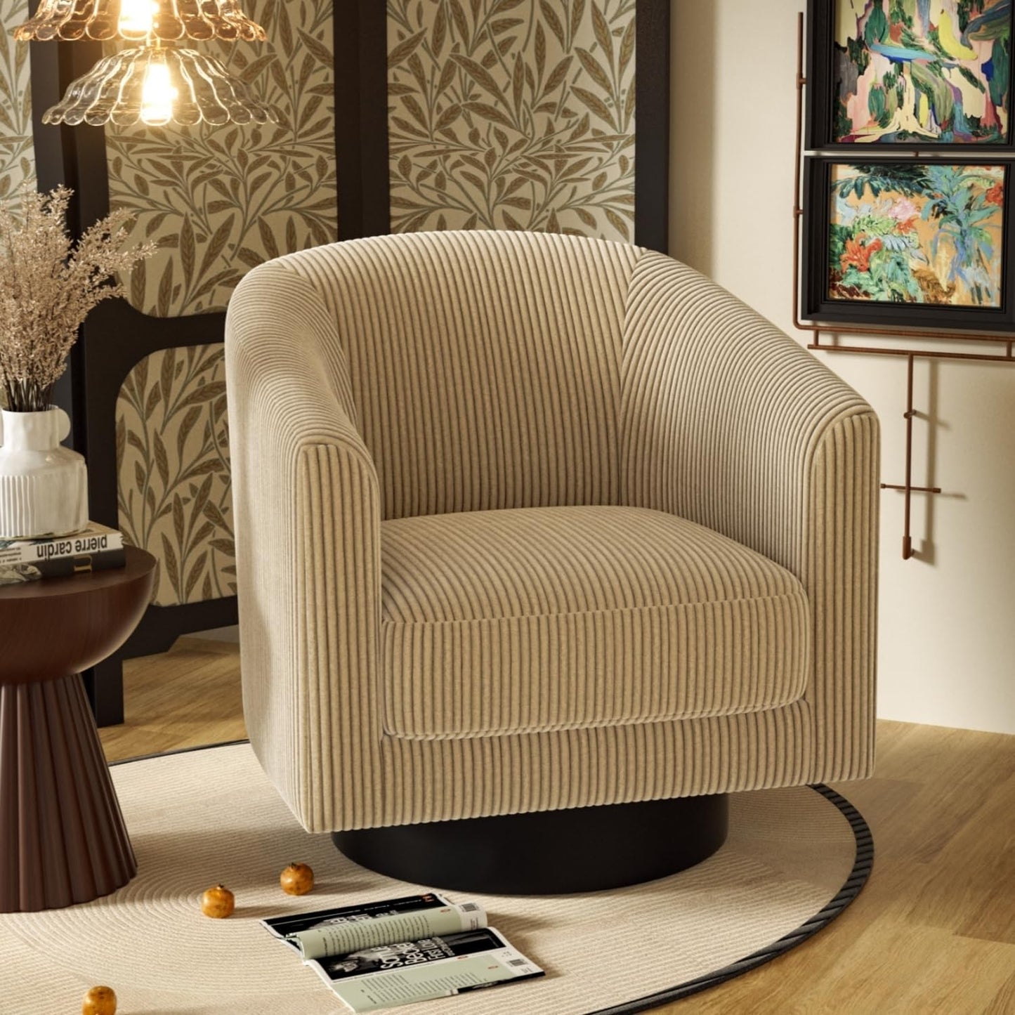 Swivel Accent Chairs Set of 2, 360° Bucket Chair, Modern Upholstered Barrel Armchair, Comfy Corduroy Single Sofa for Living Room Bedroom. Forest Green