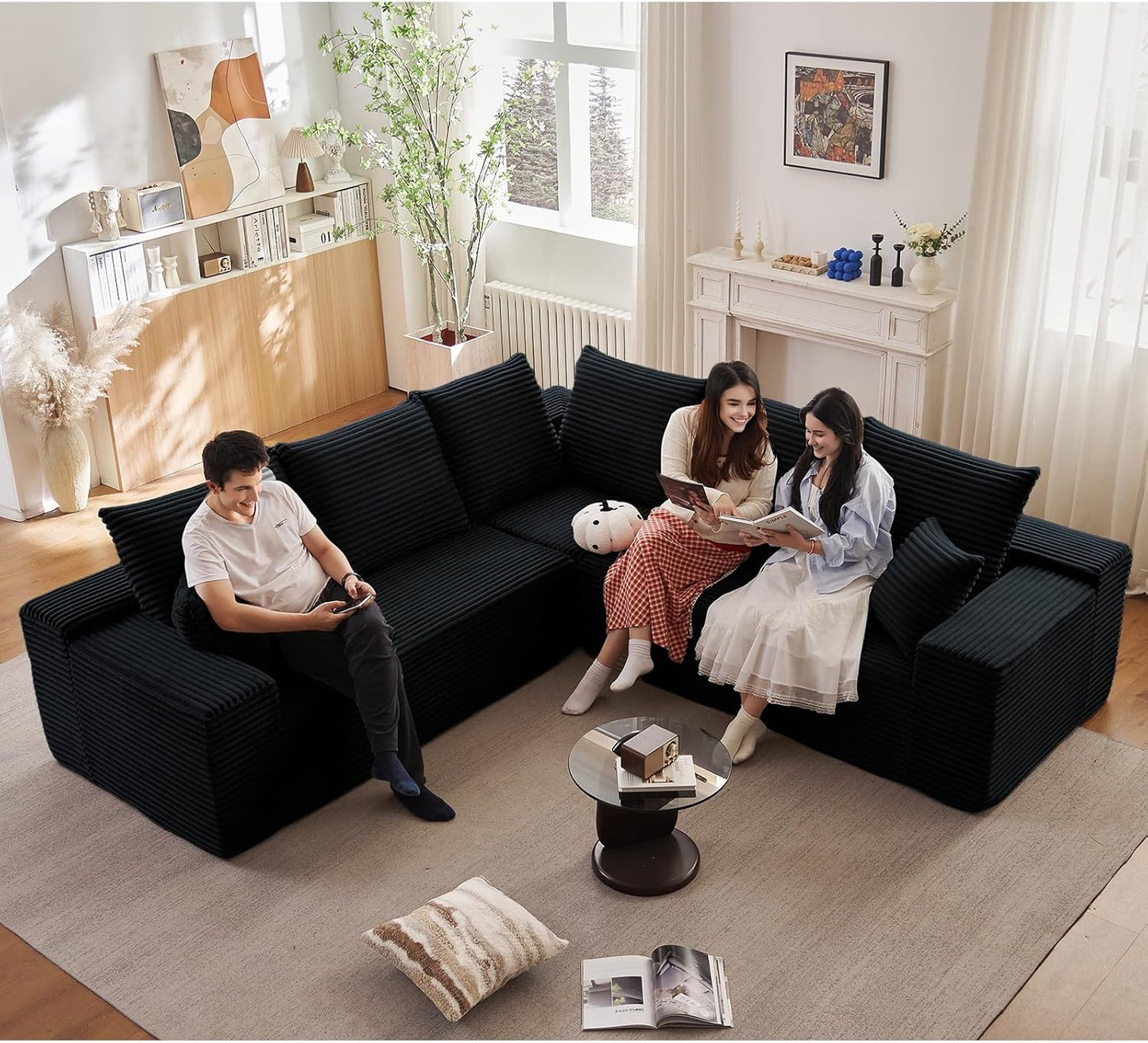 107" Modular Sectional Couches for Living Room, Comfy Boneless L Shaped Cloud Couch with Chaise Lounge, Modern Cozy Corduroy Deep Seat Floor Sofa, Memory Foam, No Assembly Required, Black