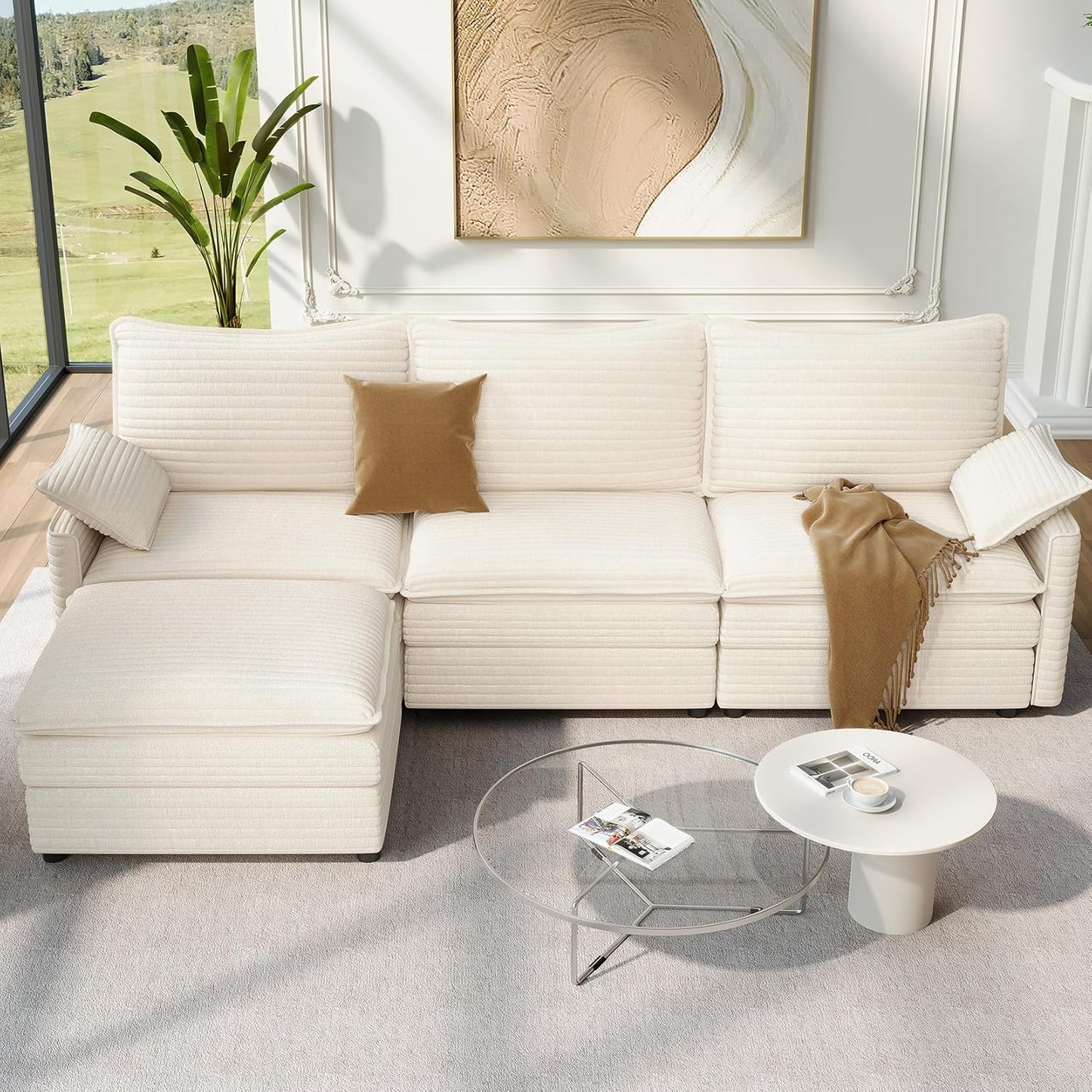 Vesgantti 108" Modular Sectional Sofa, Comfy Cloud Couch with Movable Ottoman Deep Seat Chenille L Shaped Modular Sofa, Sectional Couches for Living Room, Bedroom and Apartment, Beige