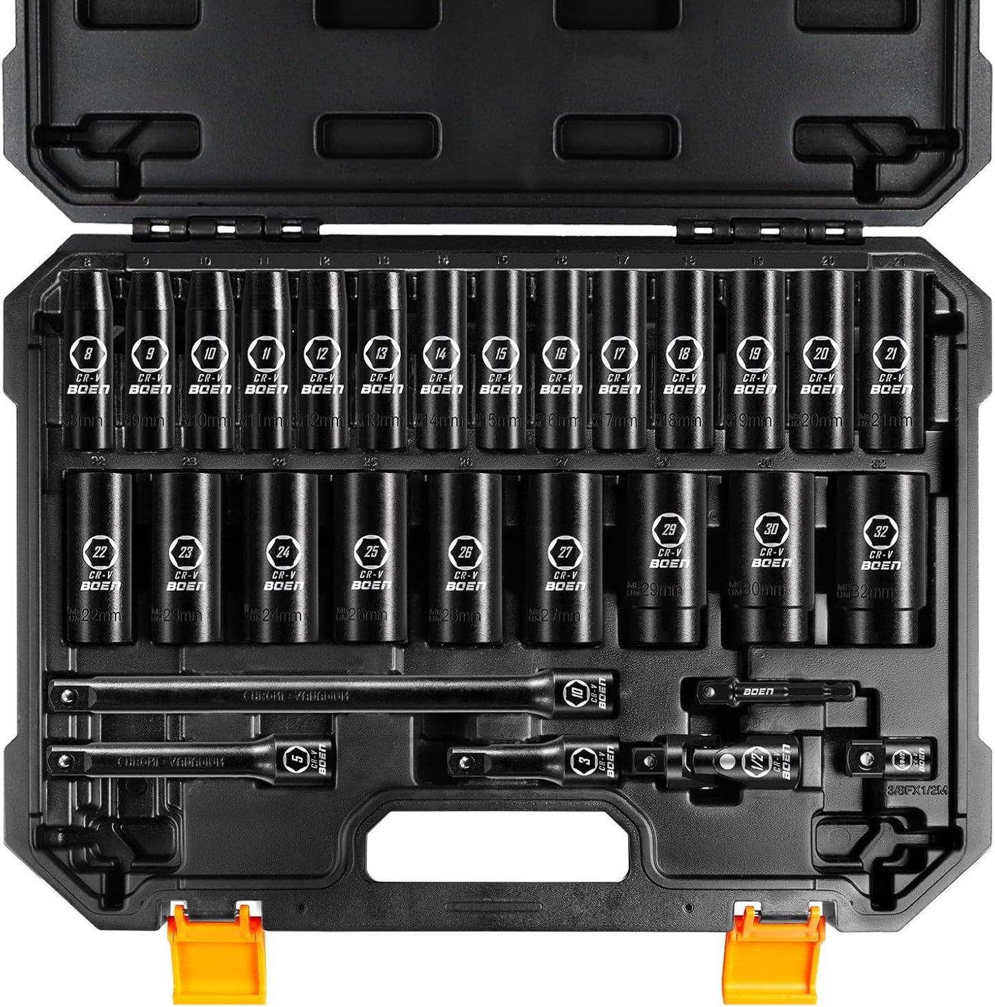 boen 8mm-32mm 1/2” Drive Metric Socket Set, Impact Deep Socket, 6 Point Lug Nut Socket for Auto Repair with Portable Case, CR-V Steel, 29PCS