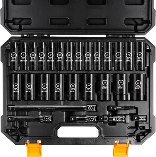 boen 8mm-32mm 1/2” Drive Metric Socket Set, Impact Deep Socket, 6 Point Lug Nut Socket for Auto Repair with Portable Case, CR-V Steel, 29PCS