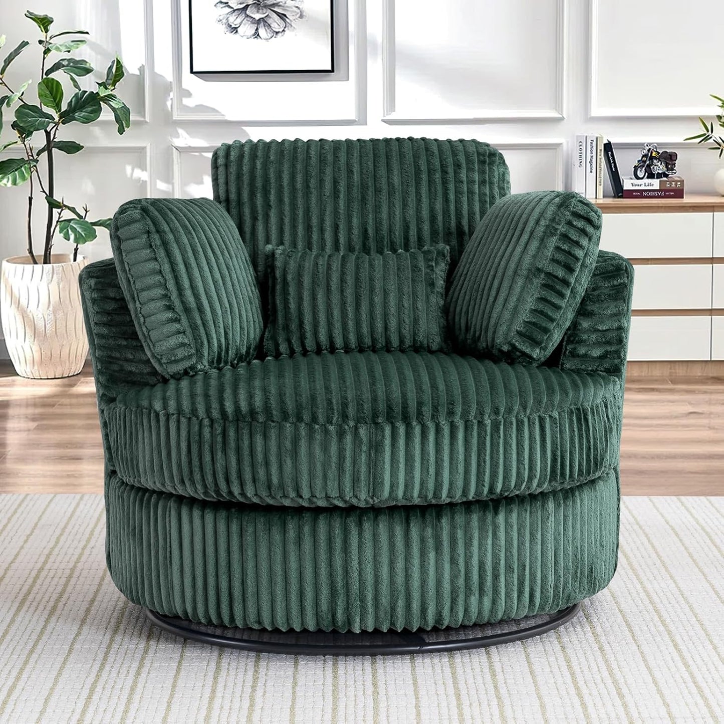 40" W Modern Grey Swivel Barrel Chair with 360° Round Metal Base & Plush Corduroy Pillows & Thick Cushion, Comfy Large Accent Chaise Longue for Living Room, Bedroom Club Reading Armchair (Gray)