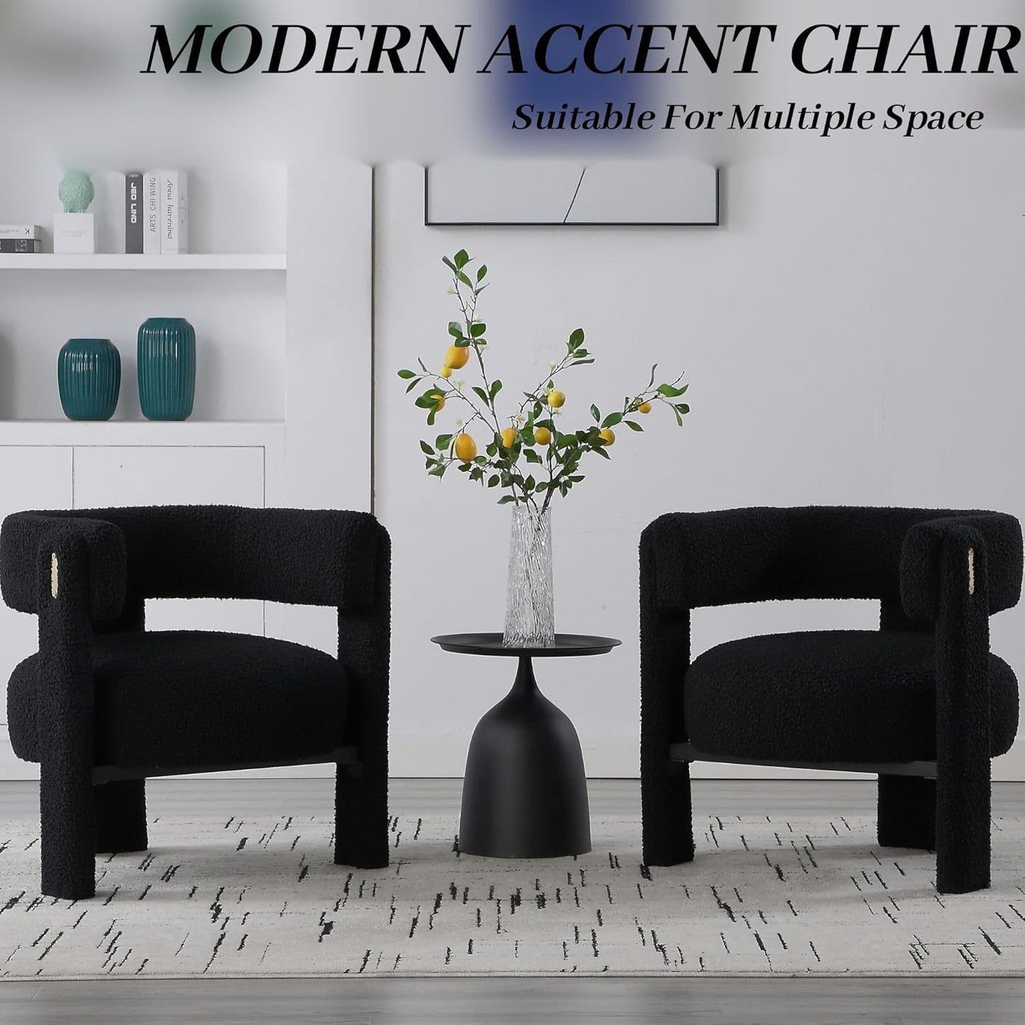 Wahson Modern Barrel Accent Chairs Set of 2 | Boucle Upholstered Armchair, Single Sofa, Side, Reading, Living Room Chair | Three Legs, Black Sherpa