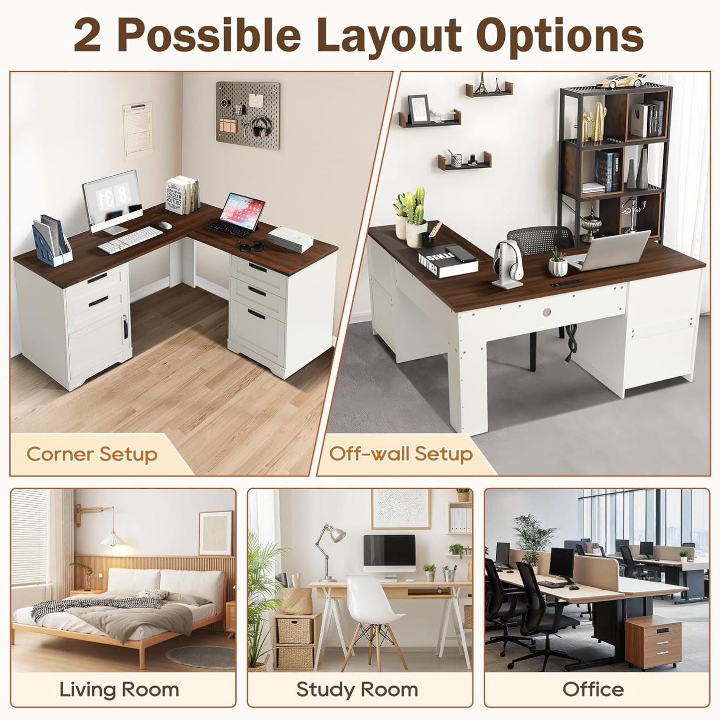 60" L Shaped Executive Desk with Drawers, Farmhouse Home Office Desk with Charging Station, Wood Computer Corner Desk with File Storage Cabinet for Home Office, Work and Study, White