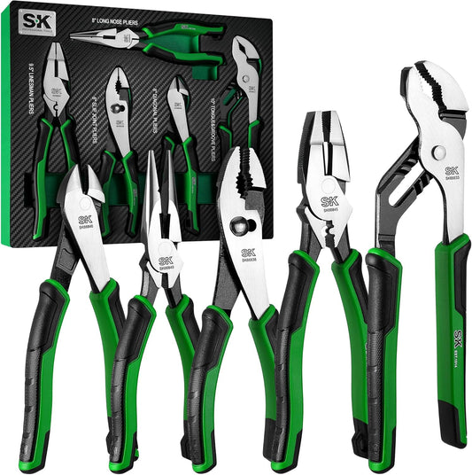 SK 5-Piece Pliers Set, 8" Long Nose, 9.5" Linesman, 8" Slip Joint, 8" Diagonal, and 10" Groove Joint, Premium CR-V Construction, with EVA Foam Tool Organizer