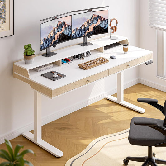 Standing Desk with Drawers, 63x23.6 Inch Electric Stand Up Desk with Storage Shelf and Memory Controller, Sit Stand Desk Adjustable Height from 28-46 Inch for Computer Workstation, White