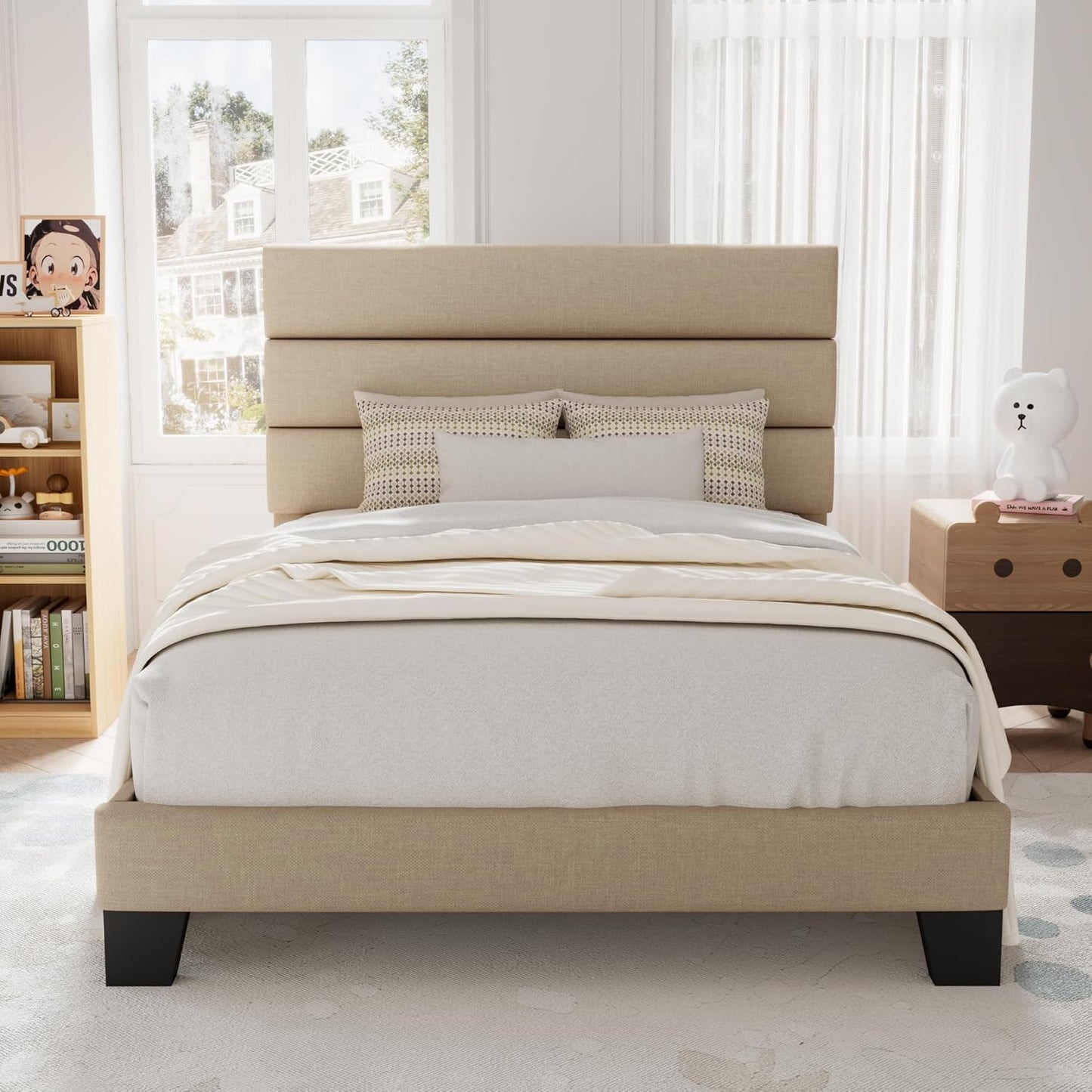 Allewie Queen Size Platform Bed Frame with Fabric Upholstered Headboard and Wooden Slats Support, Fully Upholstered Mattress Foundation/No Box Spring Needed/Easy Assembly, Dark Grey