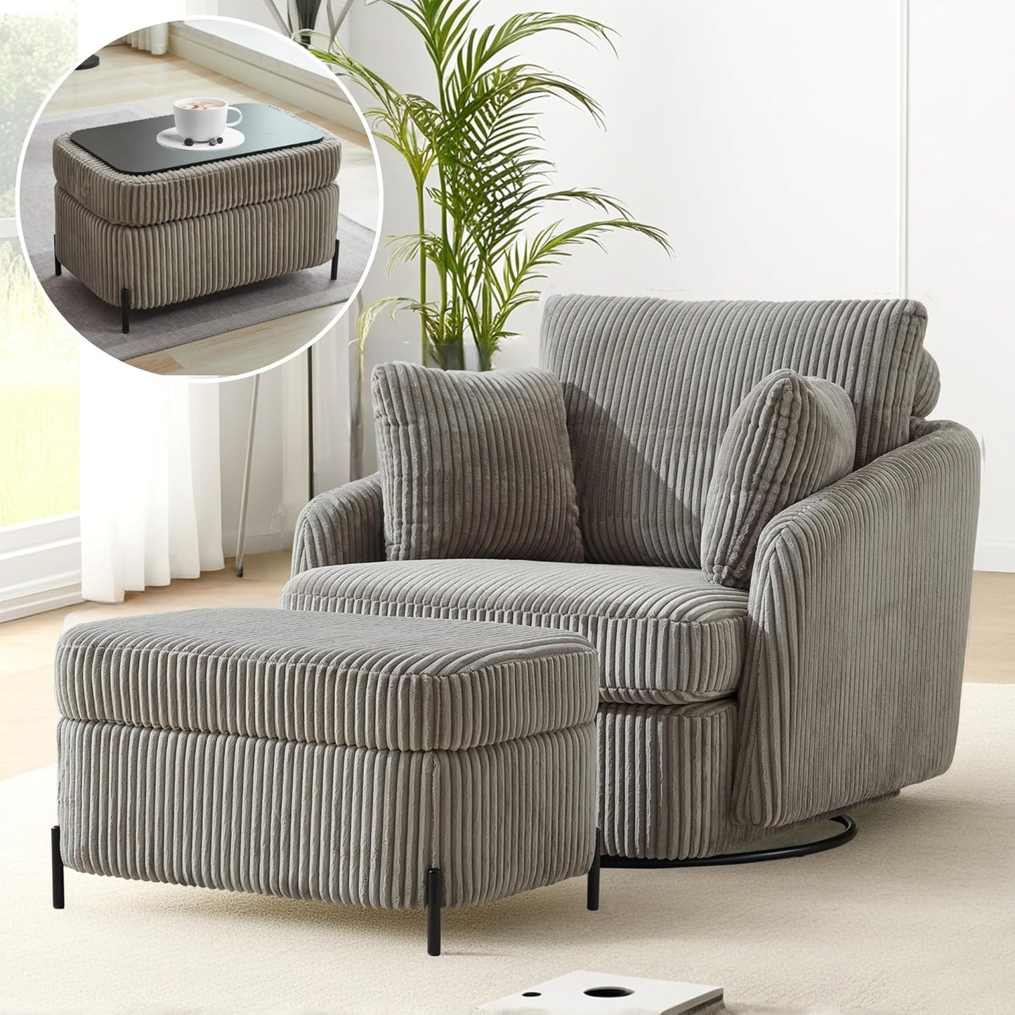 Sinzho & Wiyfun Oversized Swivel Accent Chair with Ottoman Upholstered Large Chenille Arm Chair with 3 Pillows for Living Room, Orange