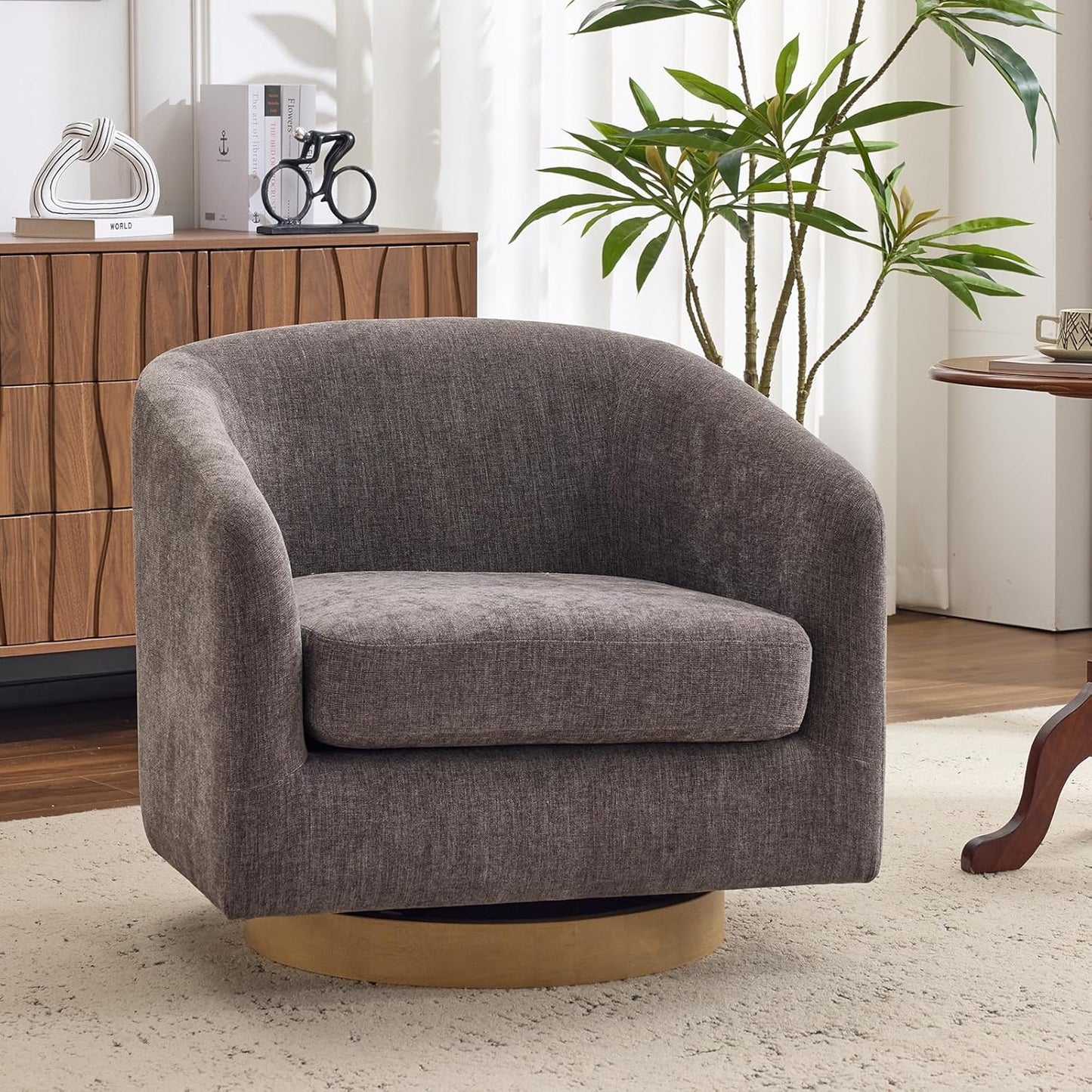 AEDI Swivel Accent Chair with Solid Wood Base, Upholstered Barrel Armchair for Living Room, Modern Small Club Chair,Gray